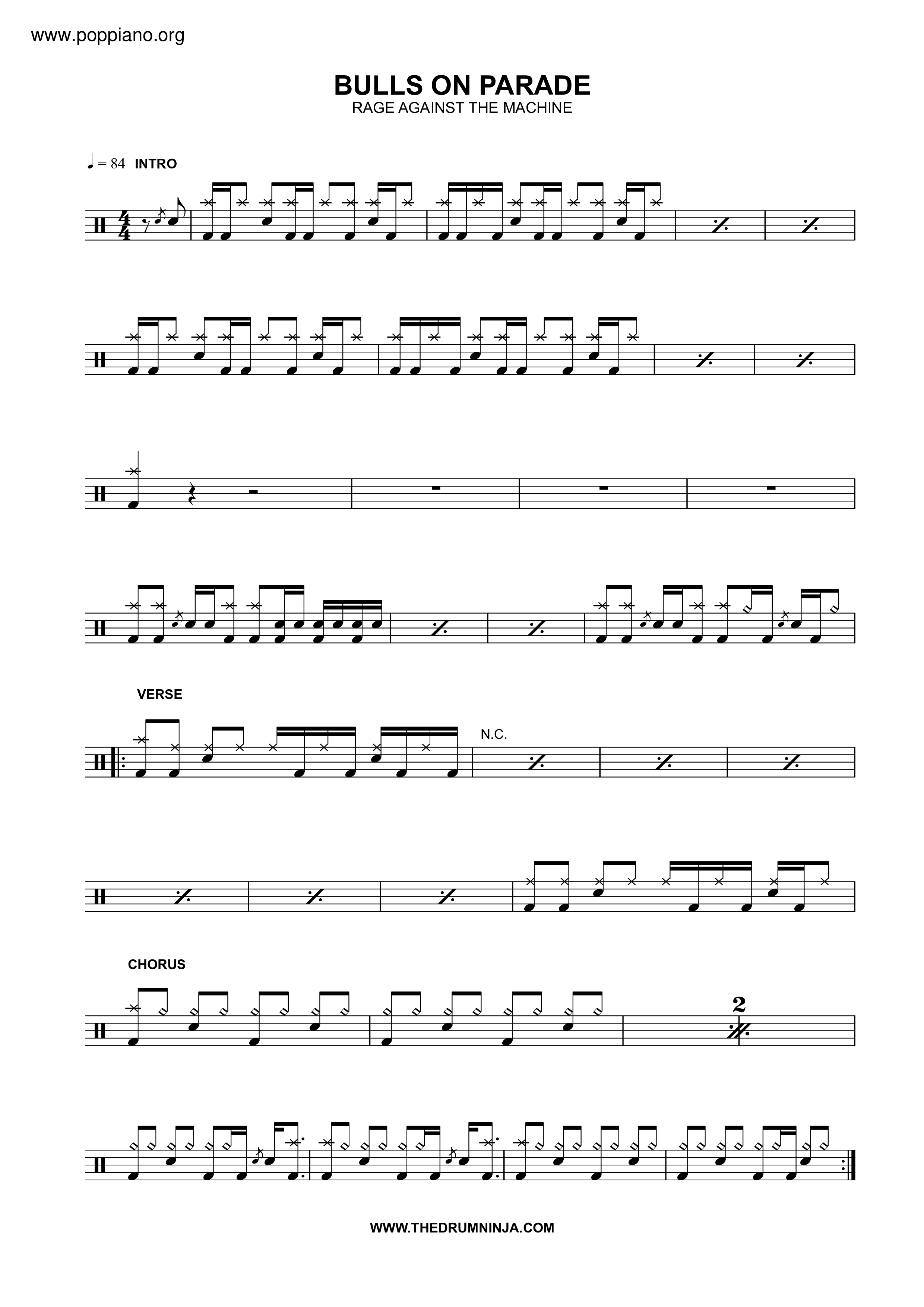 Rage Against The MachineBulls On Parade Drum Tab pdf, Free Score Download ★