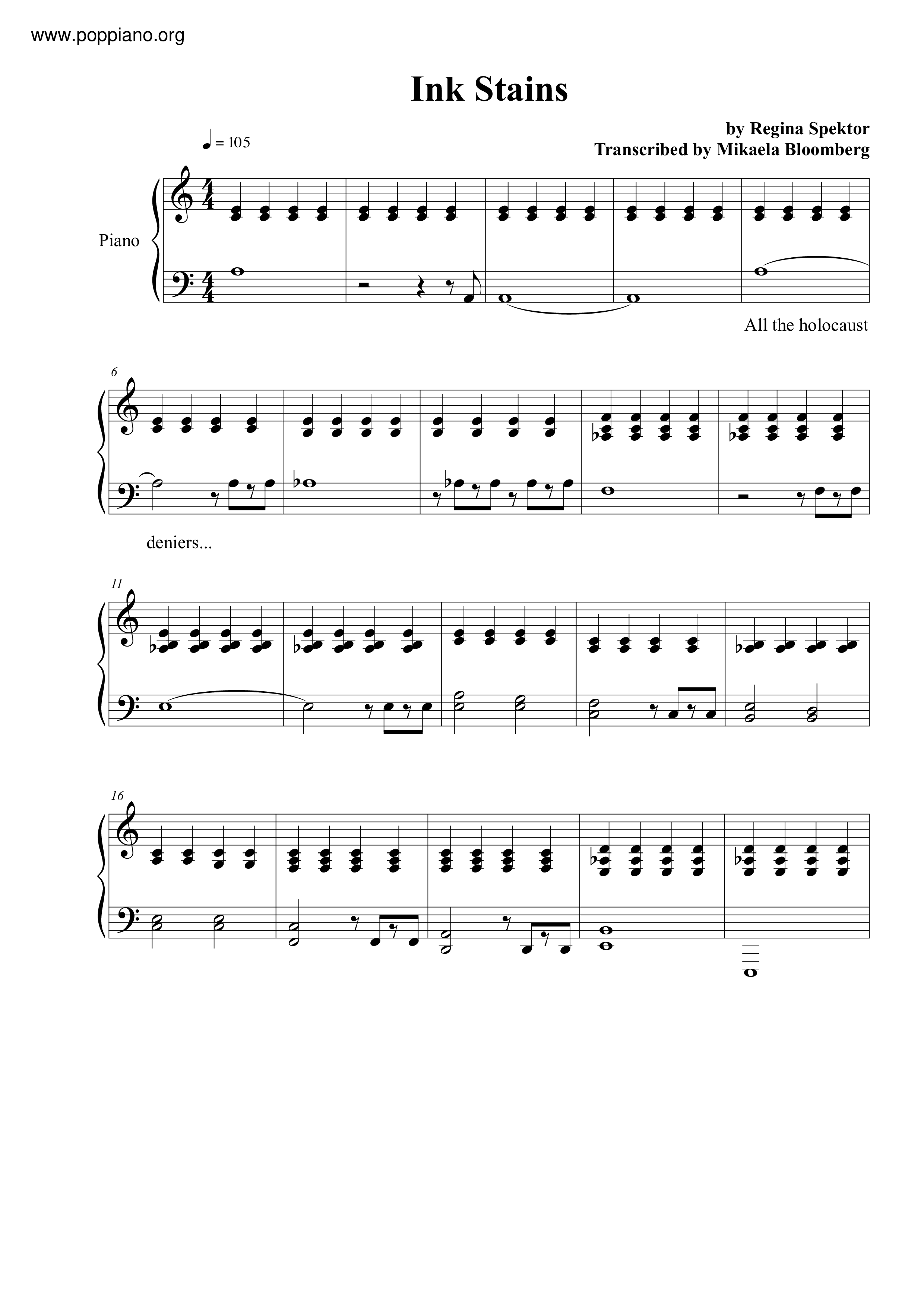 Regina SpektorInk Stains Sheet Music pdf, Free Score Download ★