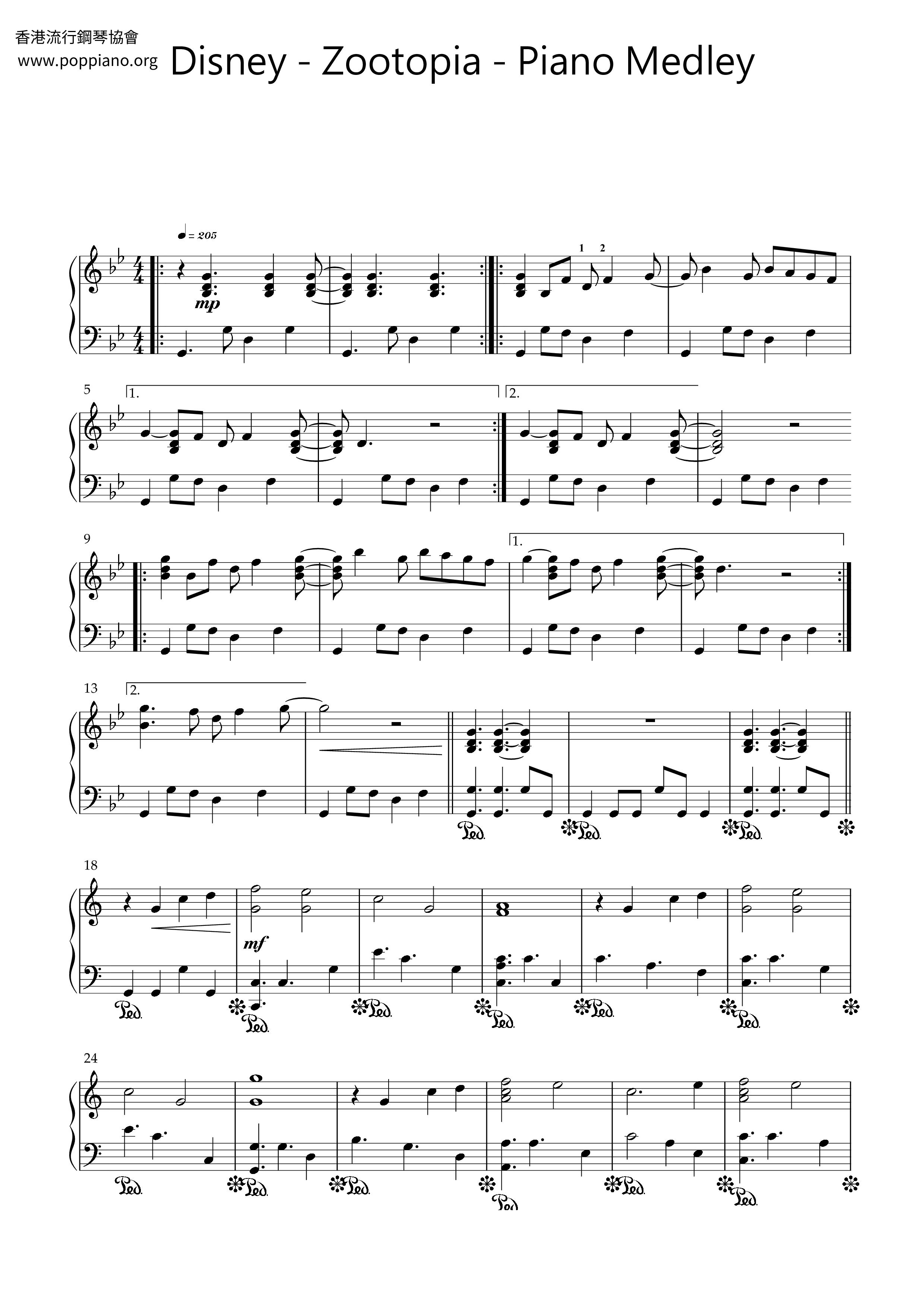 ディズニー Zootopia Piano Medley ピアノ譜pdf 香港ポップピアノ協会 無料pdf楽譜ダウンロード Gakufu