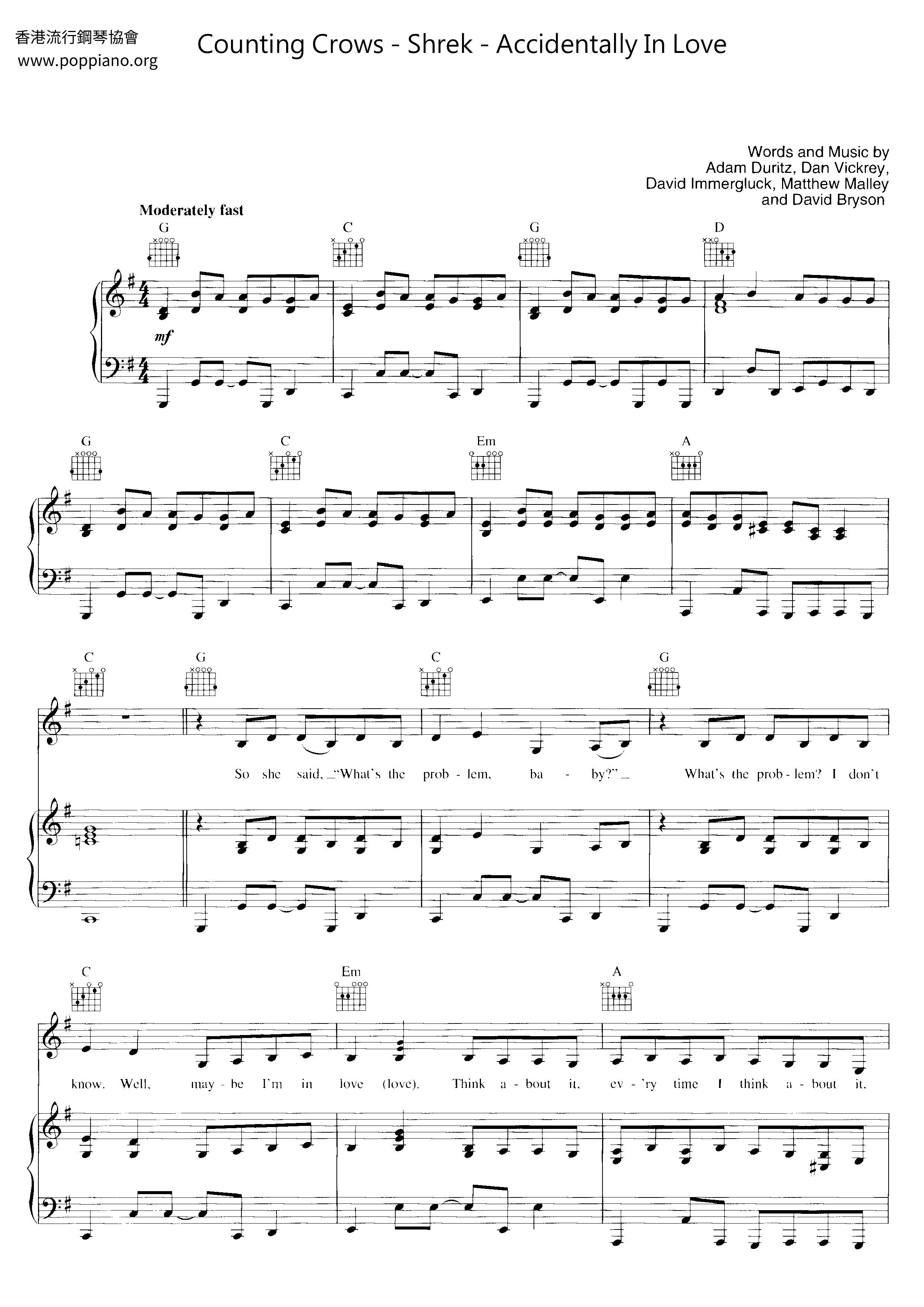 Shrek - Accidentally In Love琴譜