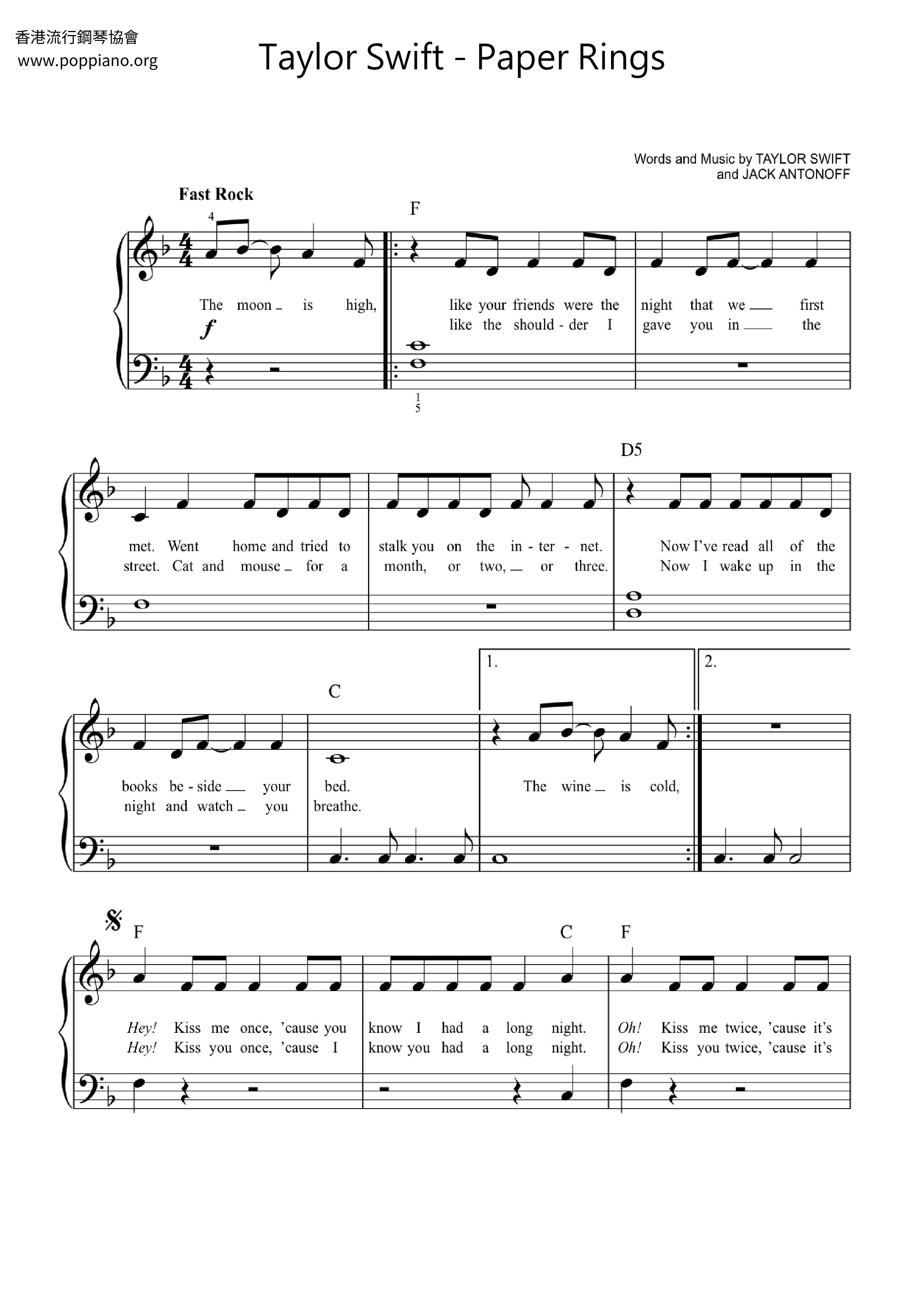 taylor-swift-paper-rings-sheet-music-pdf-free-score-download