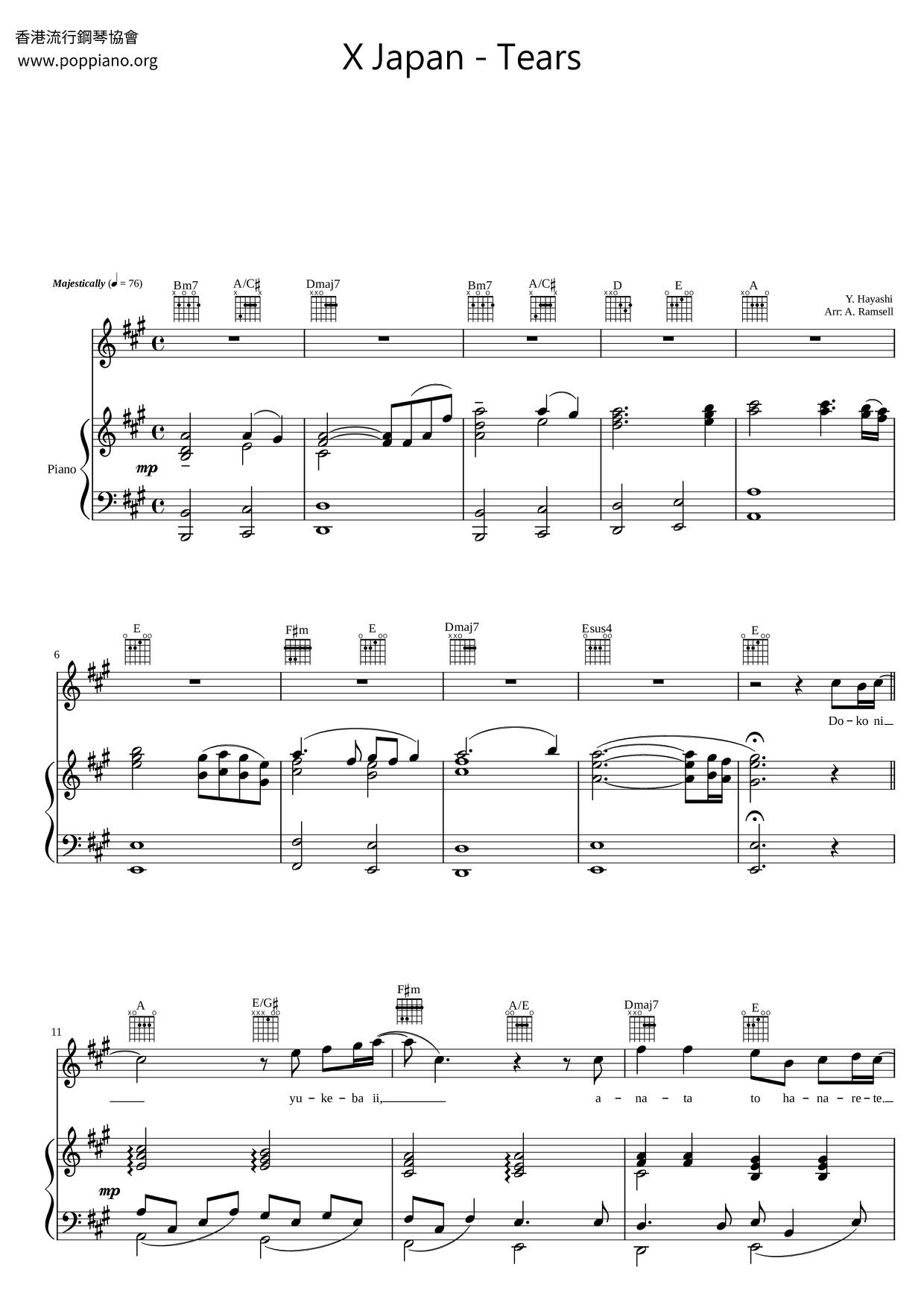 X JapanTears Sheet Music pdf, (X Japan) Free Score Download ★