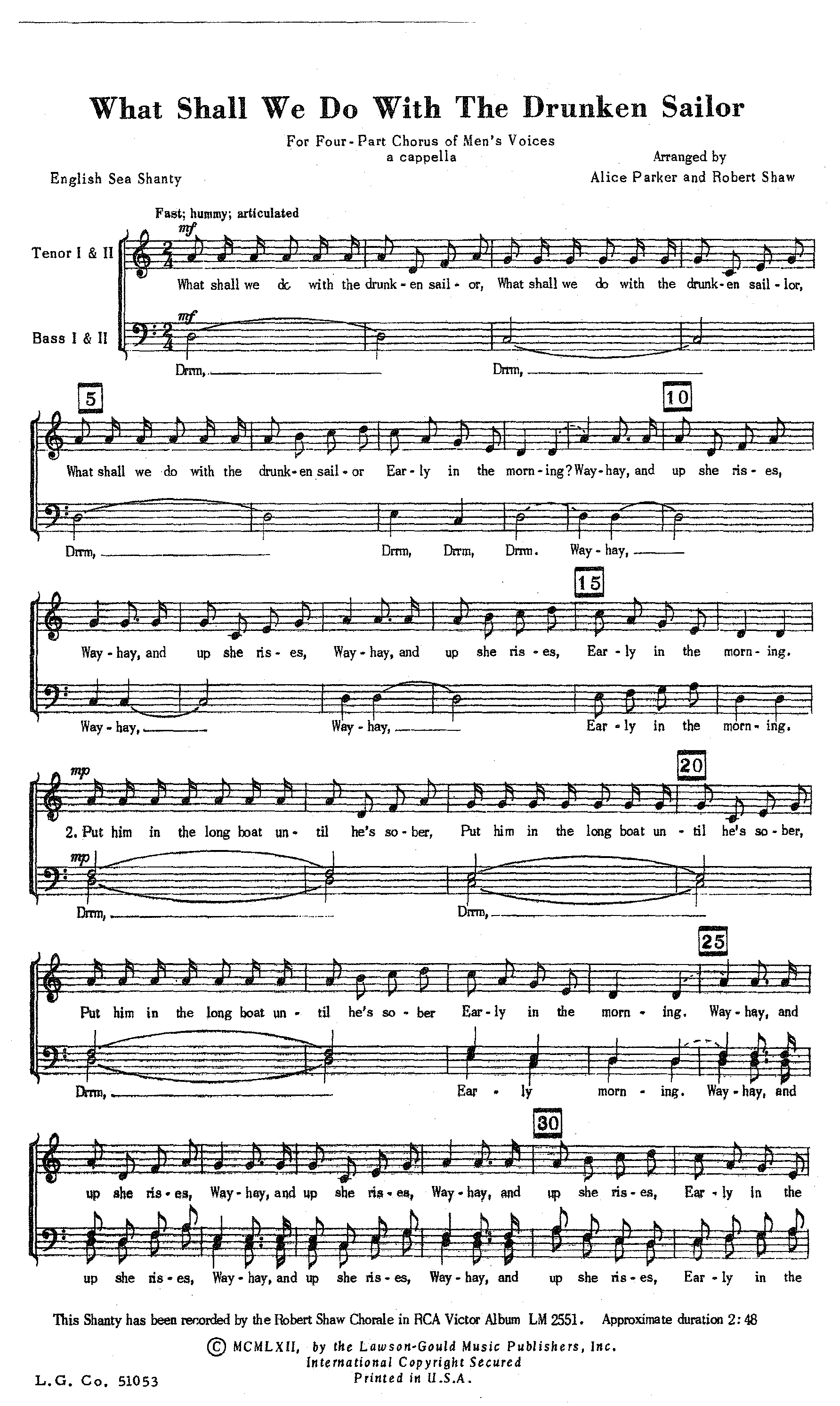 What Shall We Do With A Drunken Sailor Noten