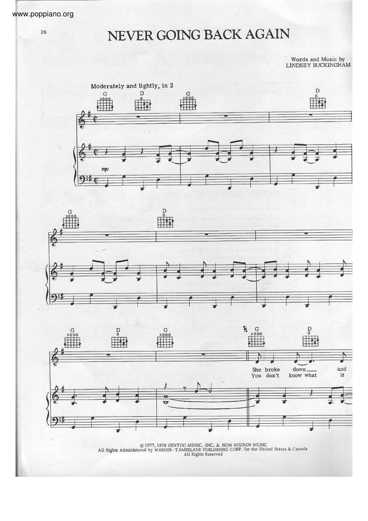 Fleetwood MacNever Going Back Again Sheet Music pdf, Free Score Download ★