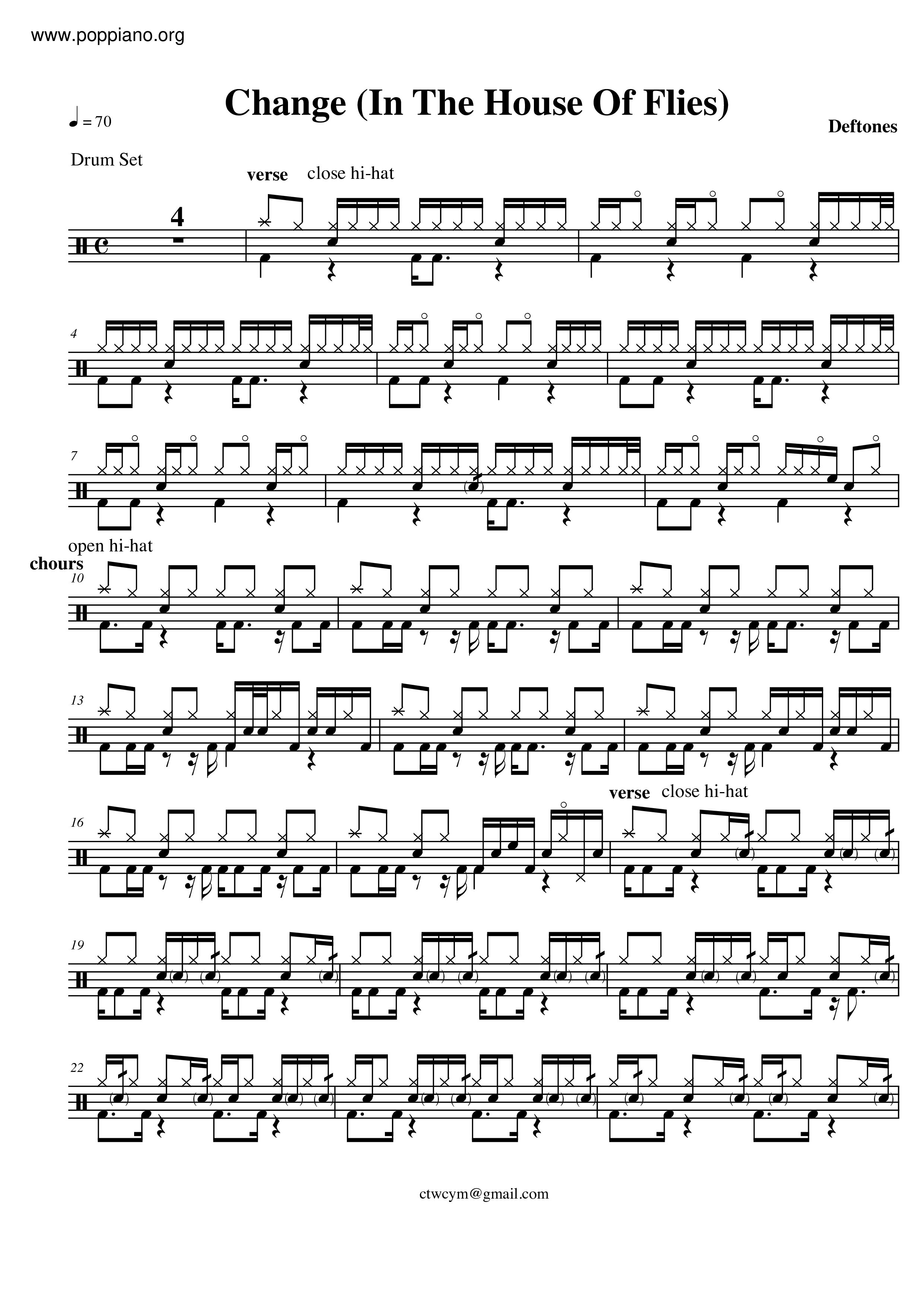 DeftonesChange (In The House Flies) Drum Tab pdf, Free Score Download ★