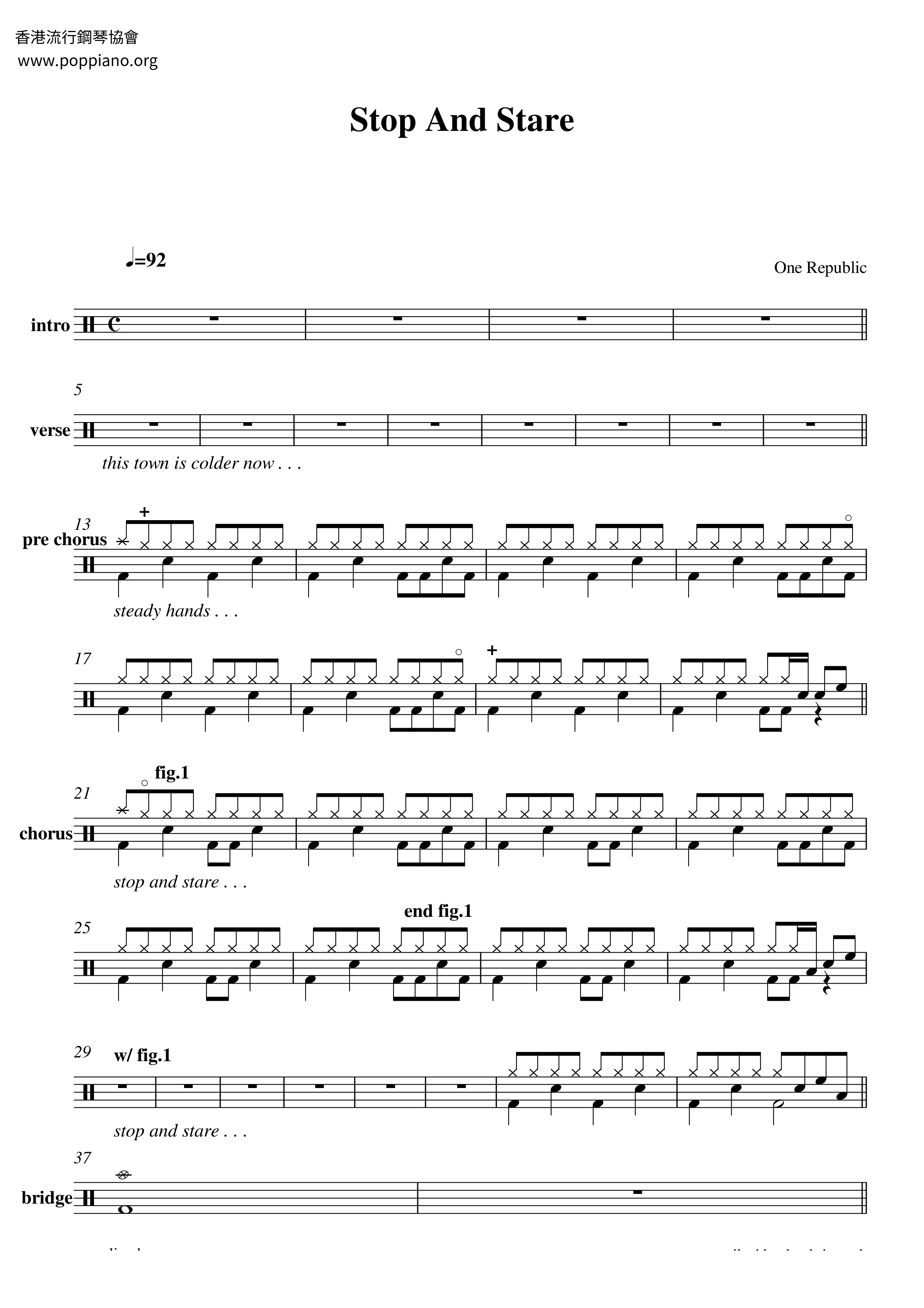 OneRepublic-Stop And Stare Drum Tab pdf, - Free Score Download ★