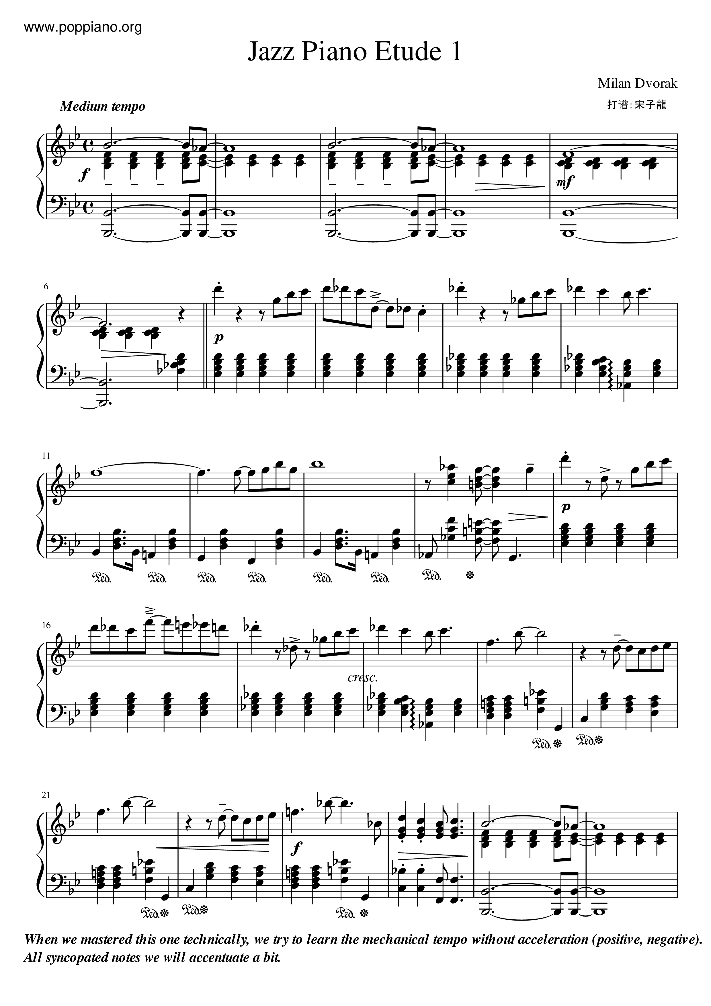 Milan DvorakJazz Piano Etude No. 1 Sheet Music pdf, Free Score