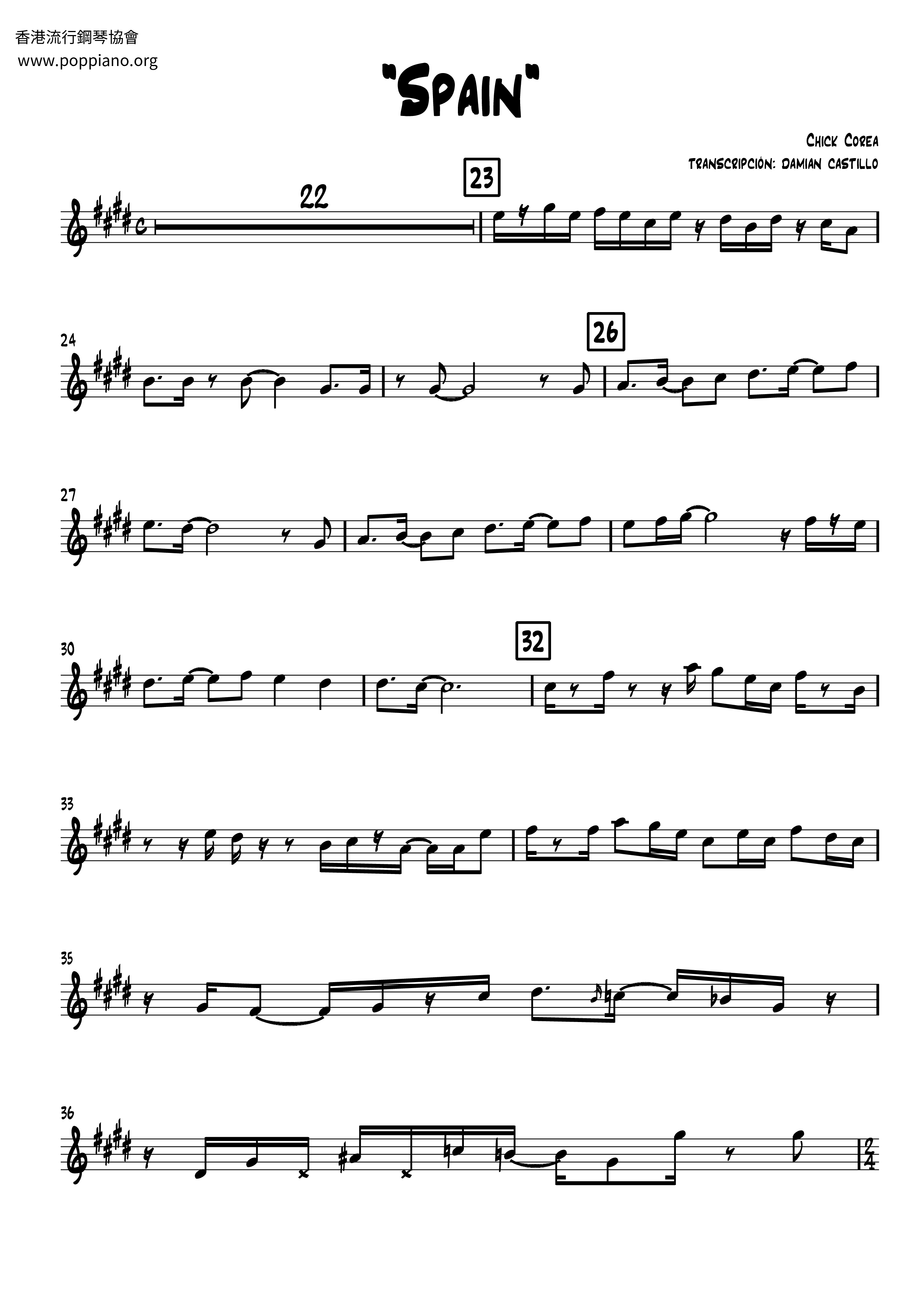 ★Chick Corea Spain サクソフォンpdf 香港ポップピアノ協会 無料PDF楽譜ダウンロード gakufu