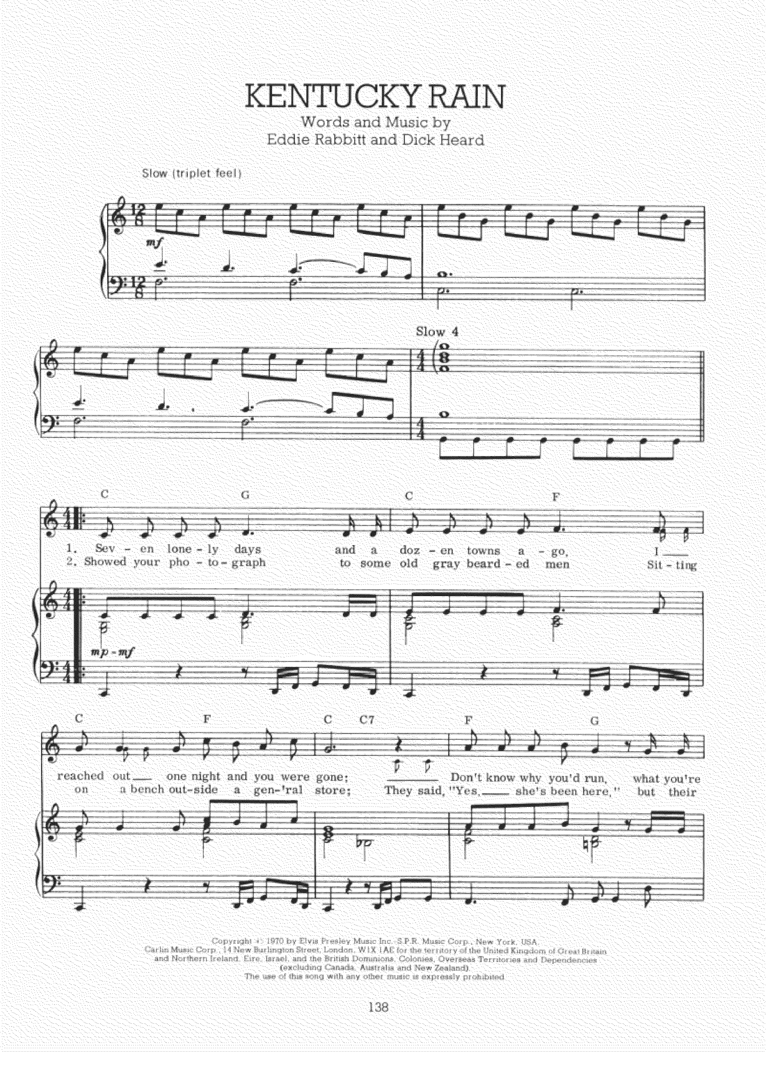 Elvis PresleyKentucky Rain 琴譜/五線譜pdf香港流行鋼琴協會琴譜下載 ★
