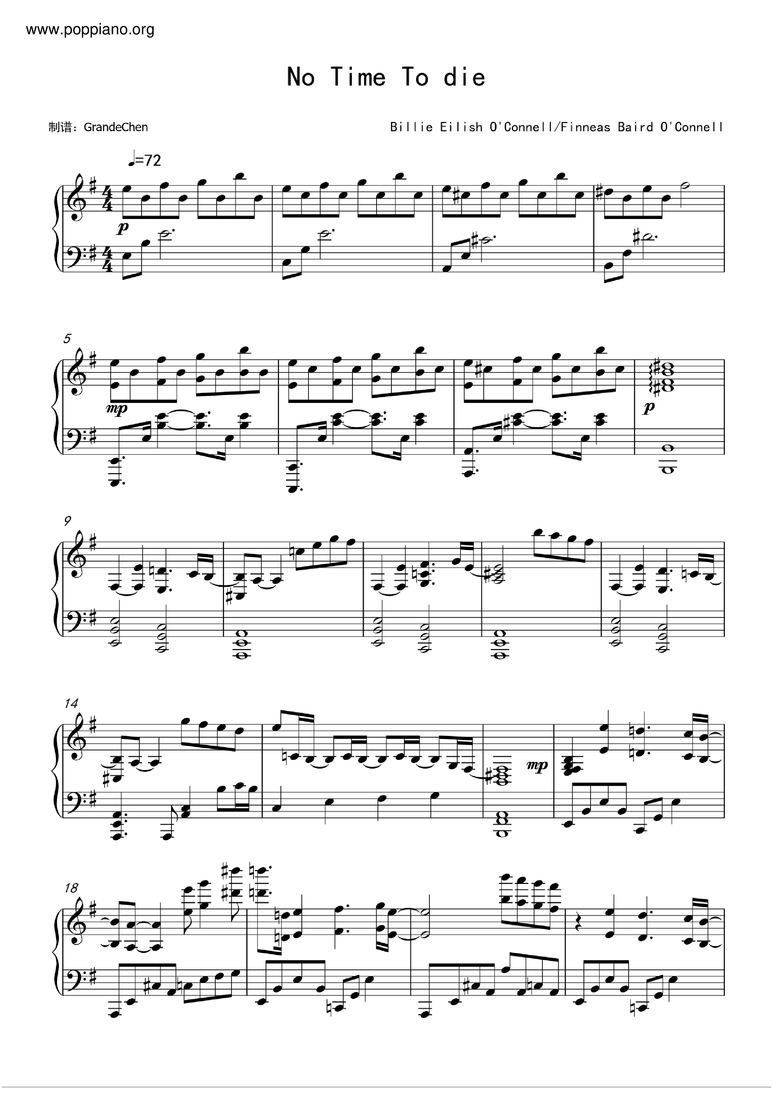 Billie EilishNo Time To Die 琴譜/五線譜pdf香港流行鋼琴協會琴譜下載 ★