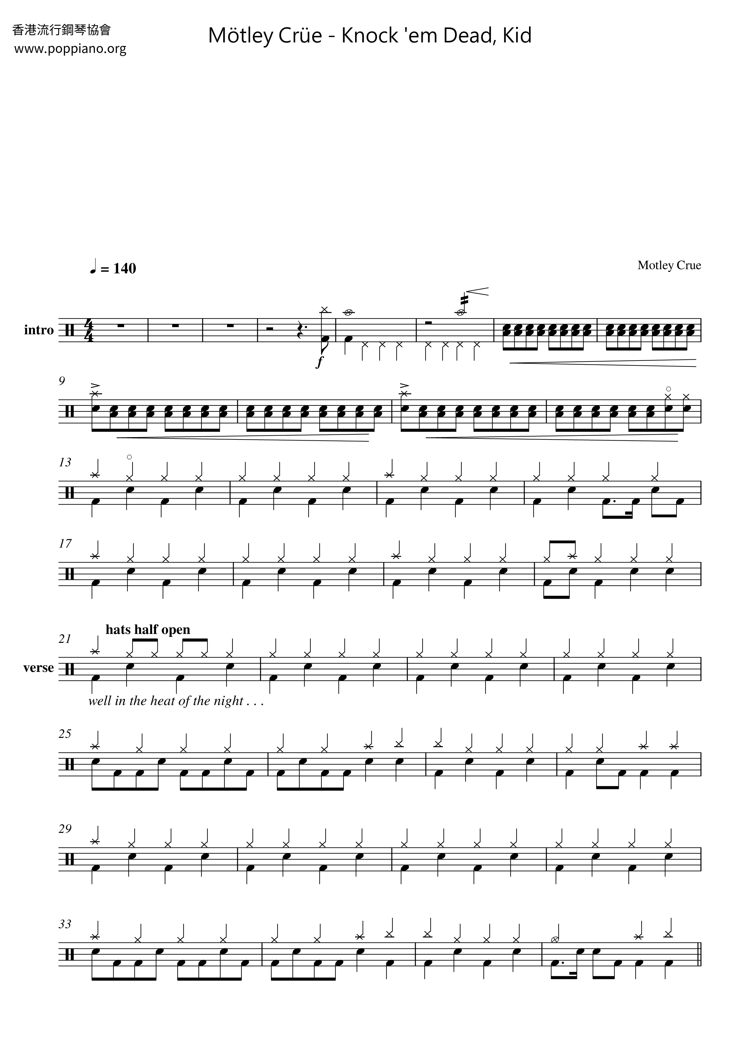 ★Mötley Crüe Knock 'em Dead, Kid ドラムスコアpdf 香港ポップピアノ協会 無料PDF楽譜ダウンロード gakufu