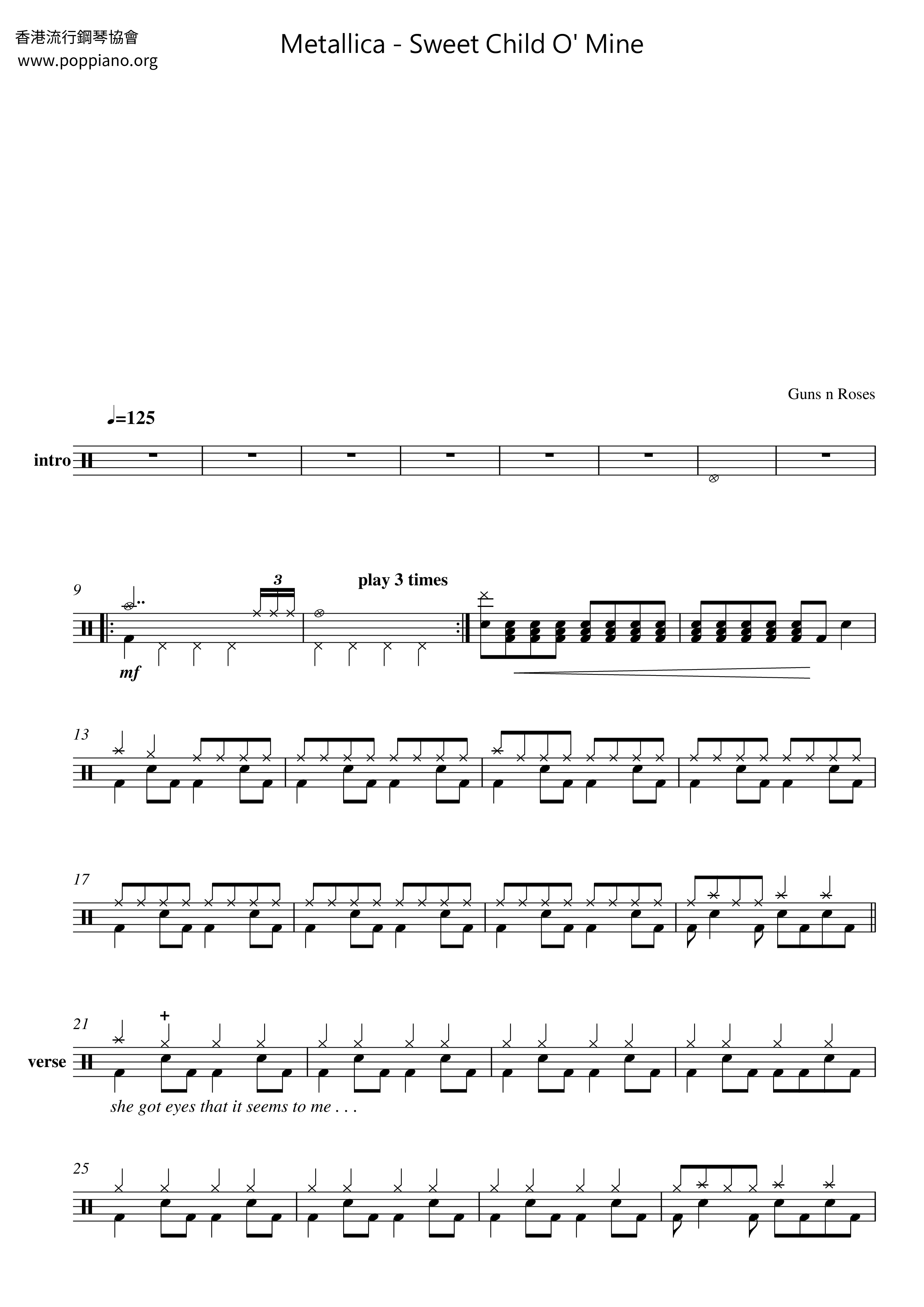 Metallica Sweet Child O Mine Drum Tab Pdf Free Score Download