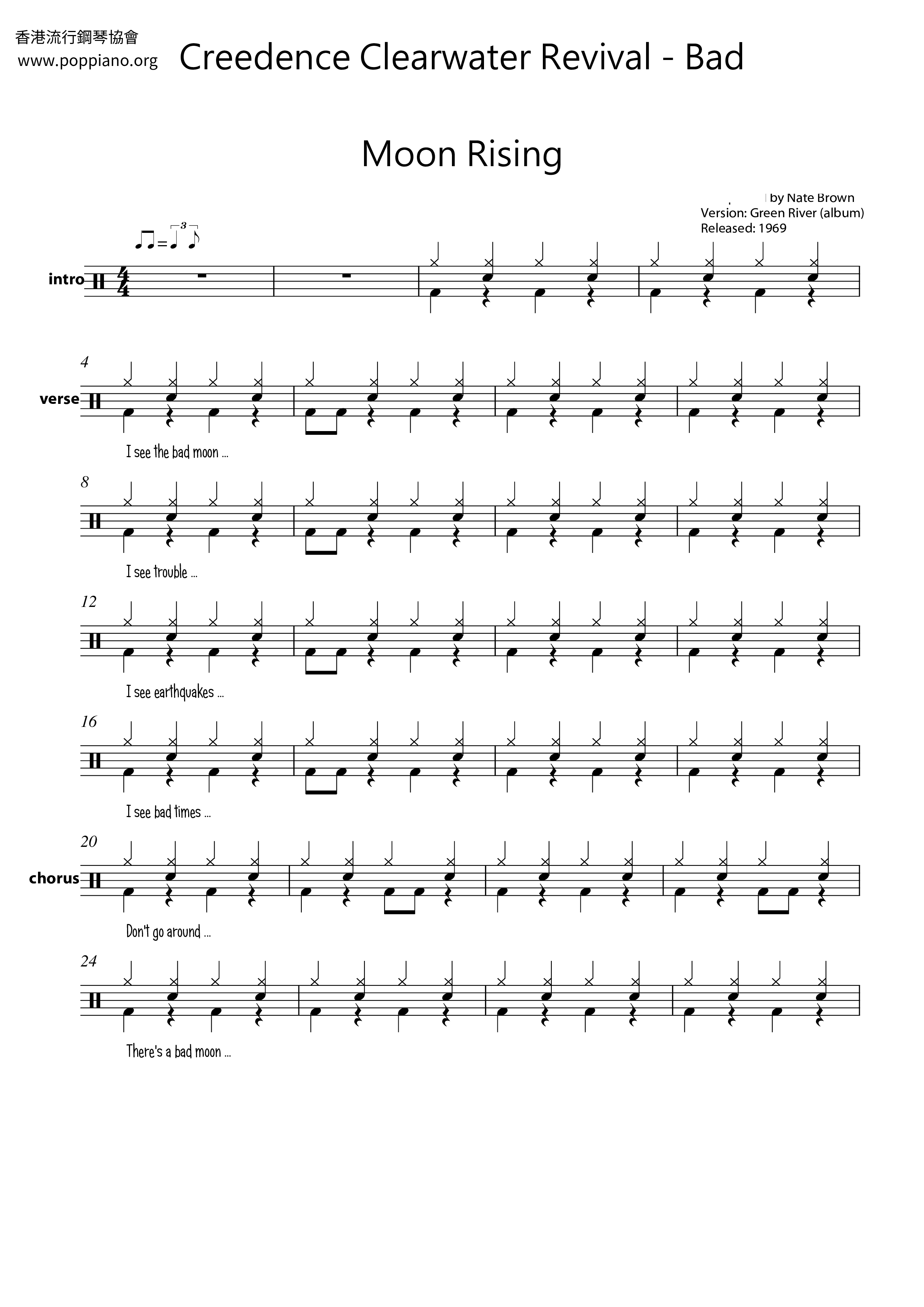 Creedence Clearwater Revival-Bad Moon Rising 鼓譜pdf-香港流行鋼琴協會琴譜下載 ★