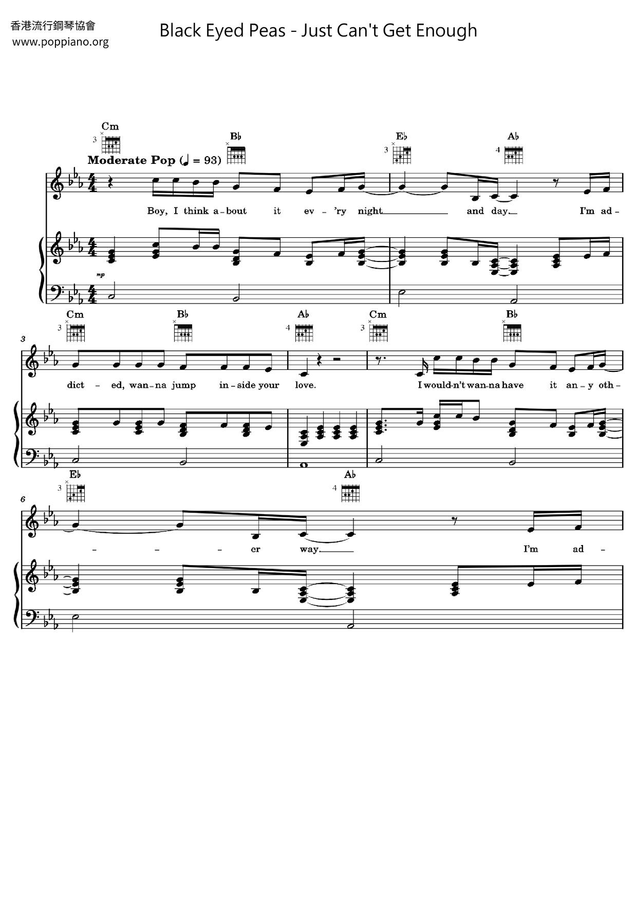 Black Eyed PeasJust Can’t Get Enough 琴譜/五線譜pdf香港流行鋼琴協會琴譜下載 ★