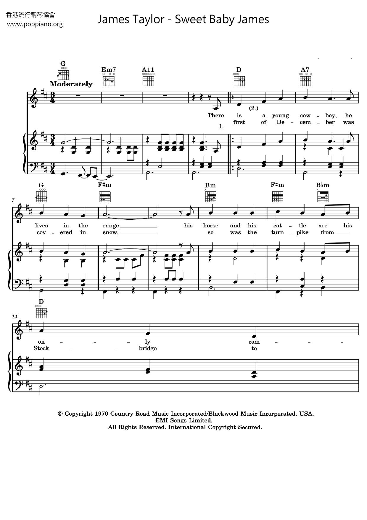 James Taylor Sweet Baby James Sheet Music Notes, Chords Download