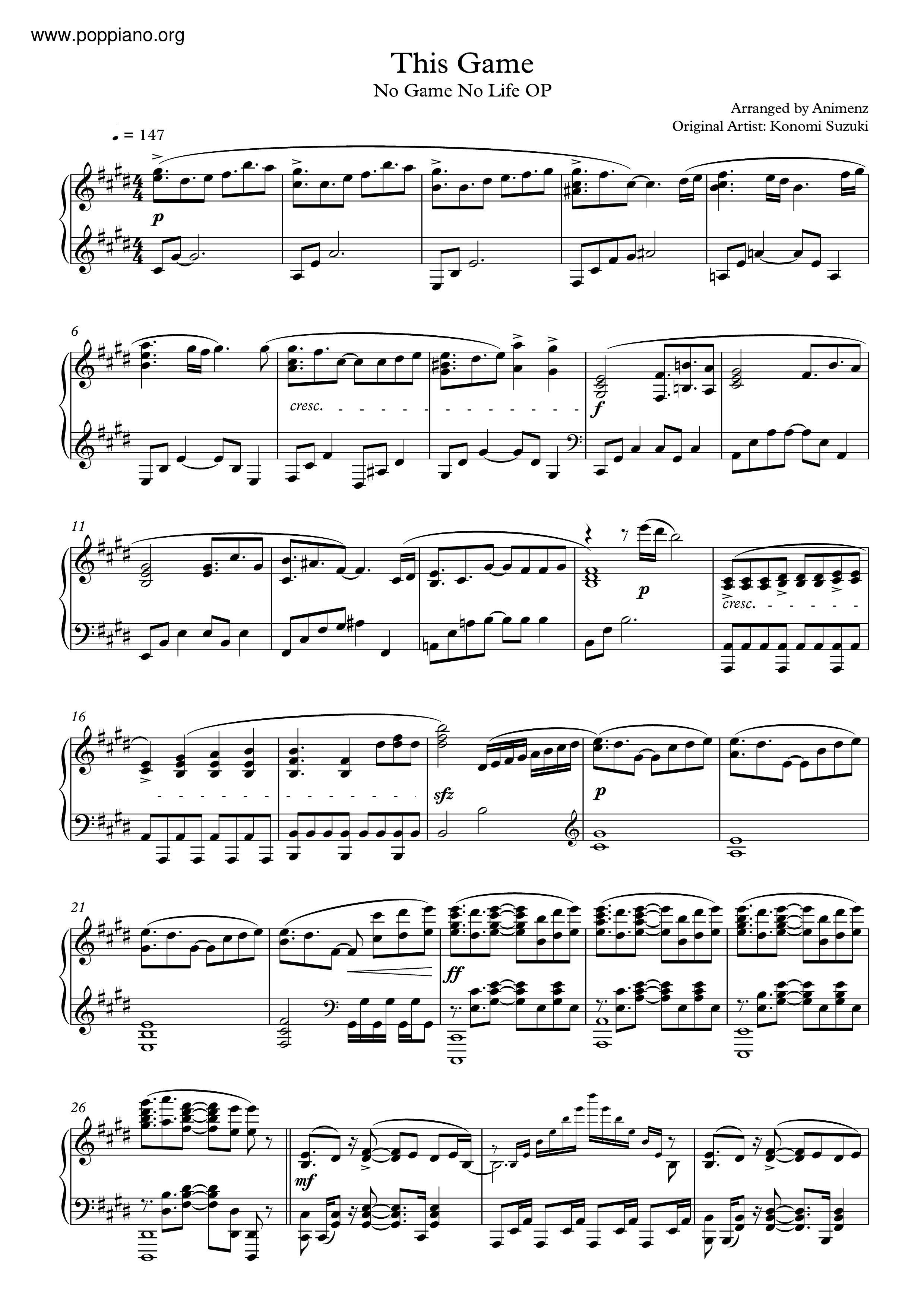 ☆ No Game No Life-No Game No Life - This Game Sheet Music pdf, -ノーゲーム·ノーライフ  - This Game 楽譜 (鈴木このみ) - Free Score Download ☆