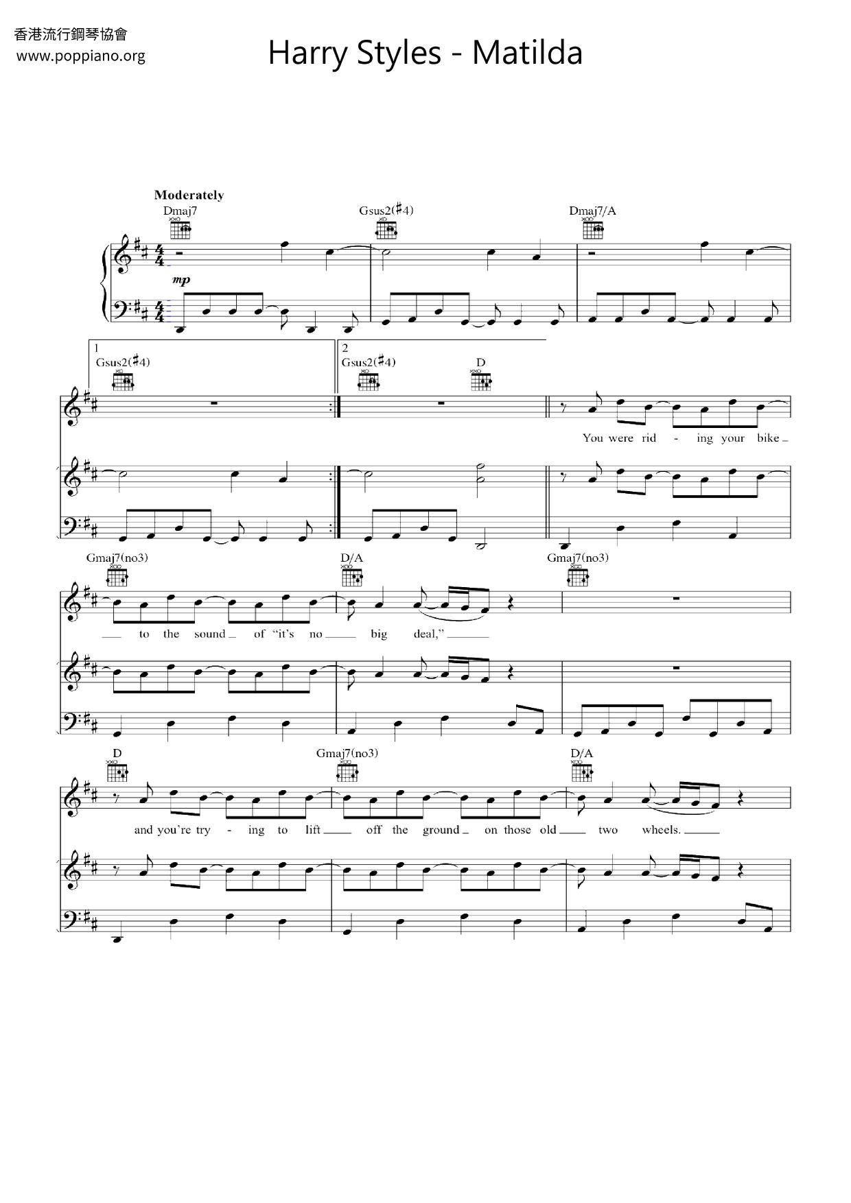 Harry Styles Matilda Sheet Music Notes, Chords Download Printable Piano