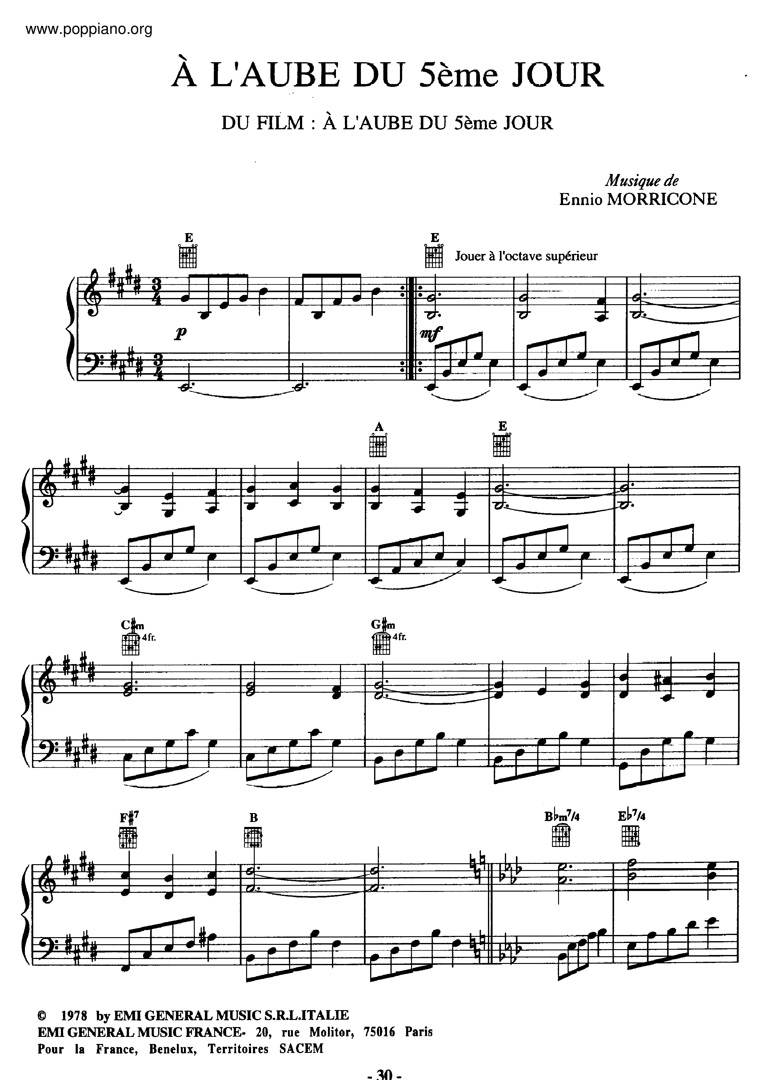 Ennio MorriconeA l'aube du 5ème jour Sheet Music pdf, (エンニオ・モリコーネ