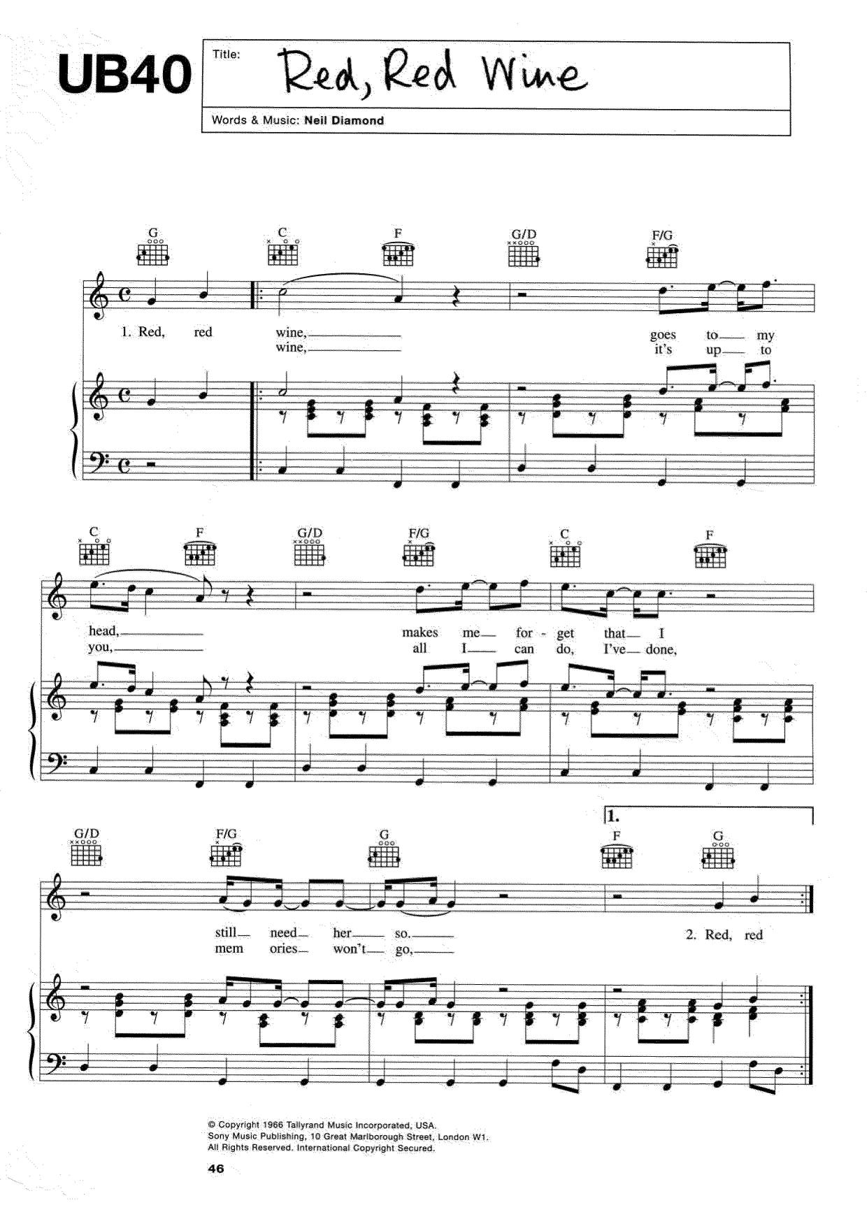 UB40Red Red Wine Sheet Music pdf, Free Score Download ★