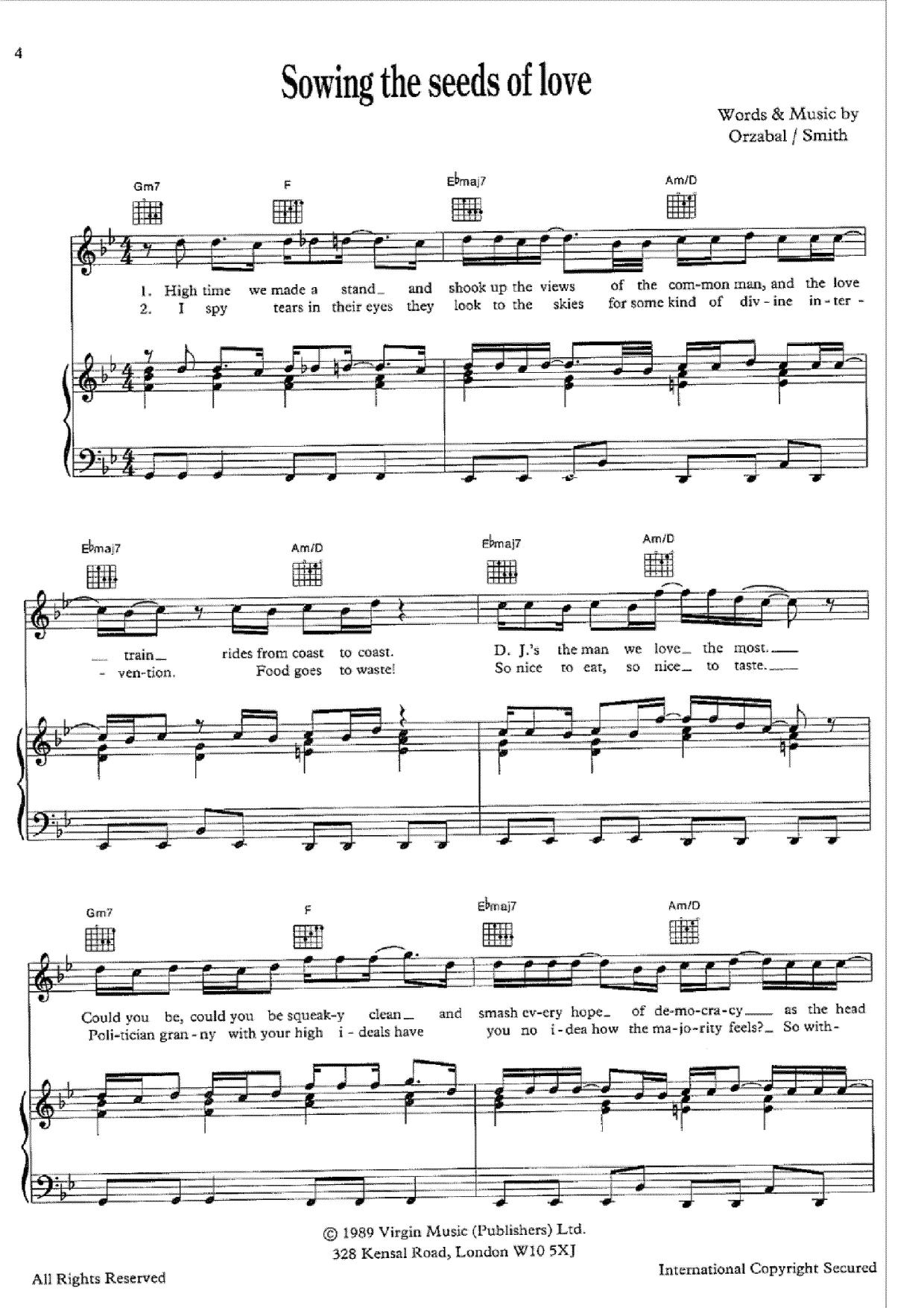 Tears For FearsSowing The Seeds Of Love Sheet Music pdf, Free Score