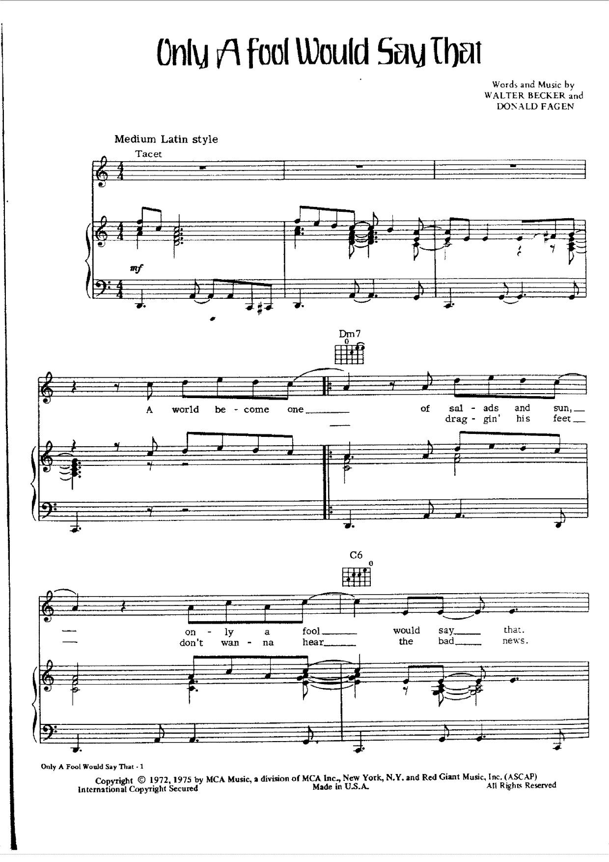 Steely Dan-Only A Fool Would Say That Sheet Music pdf, - Free Score Download ★