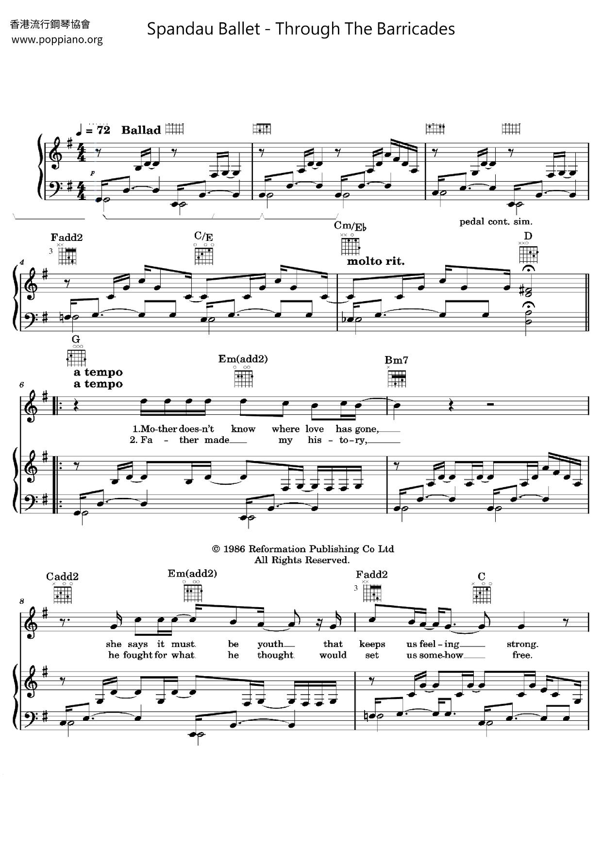 ☆スパンダー・バレエ - Through the Barricades ピアノ譜pdf