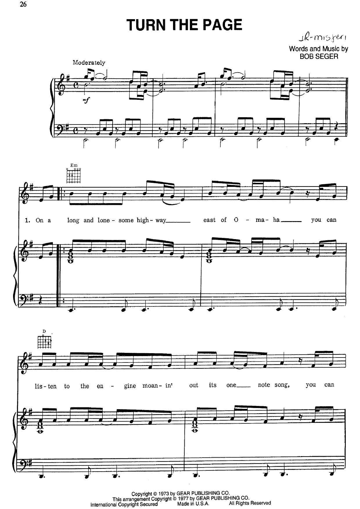 Bob SegerTurn The Page Sheet Music pdf, Free Score Download ★