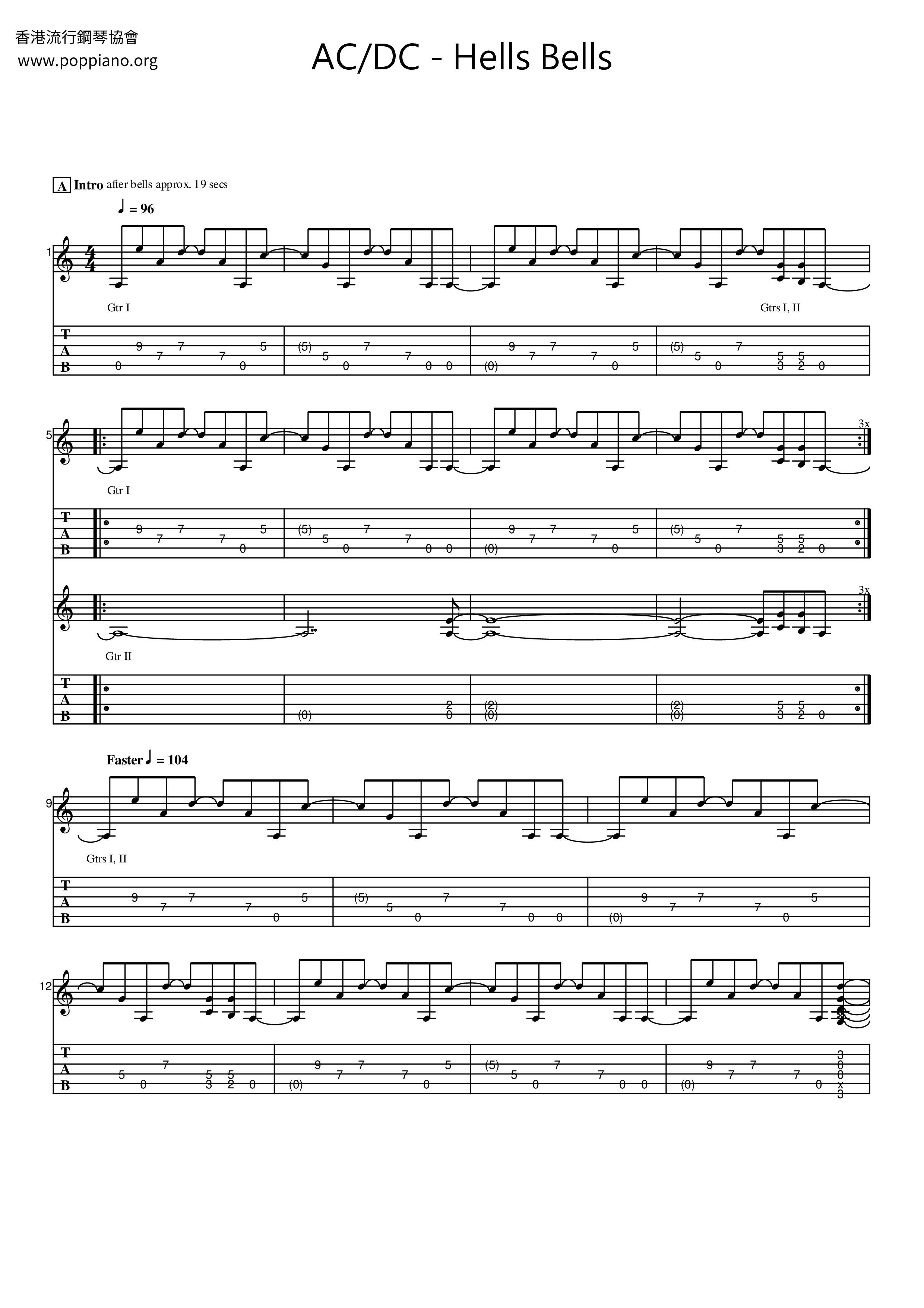 hells bells Sheet Music / Piano Score Free PDF Download HK Pop