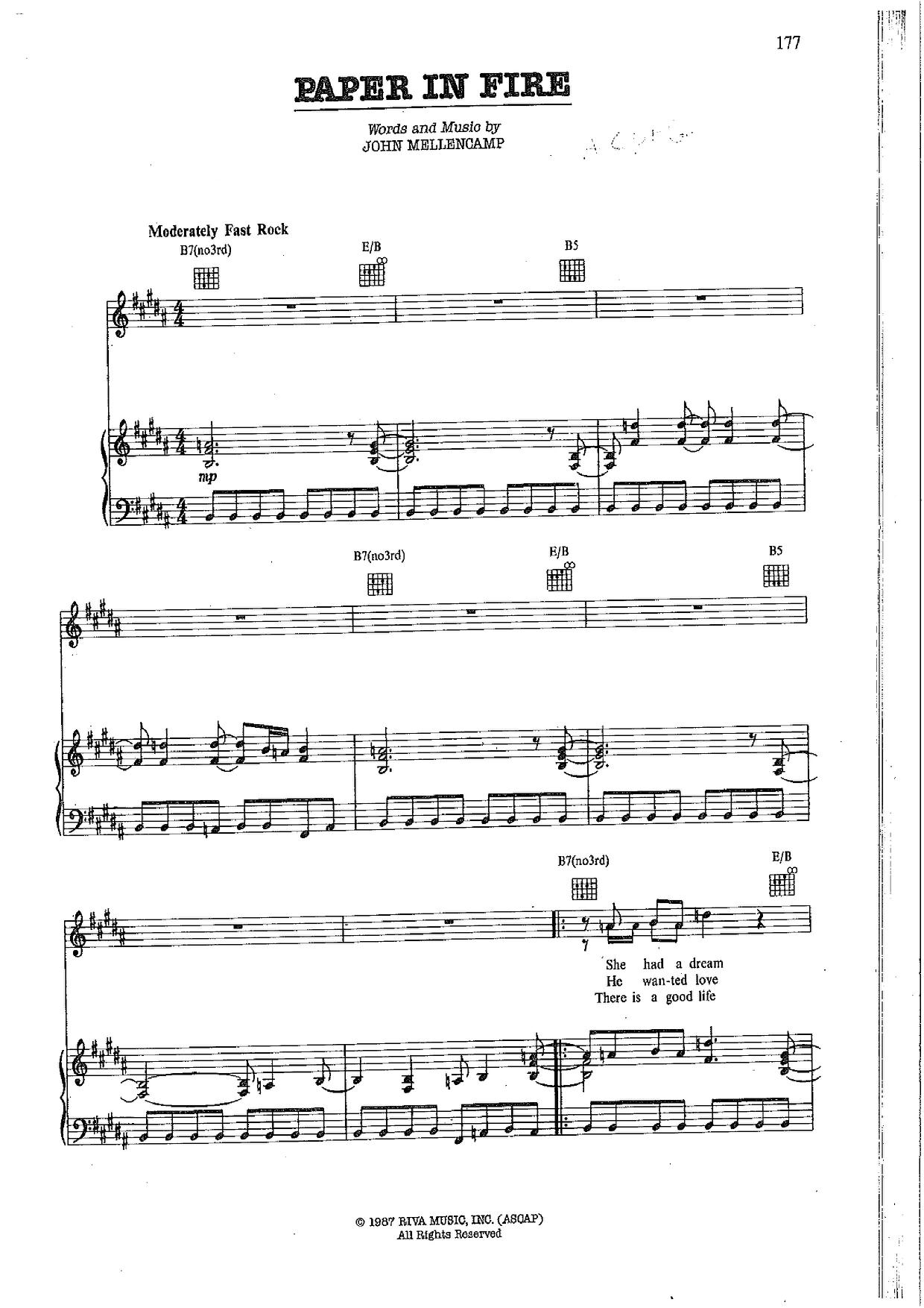 John MellencampPaper In Fire Sheet Music pdf, Free Score Download ★