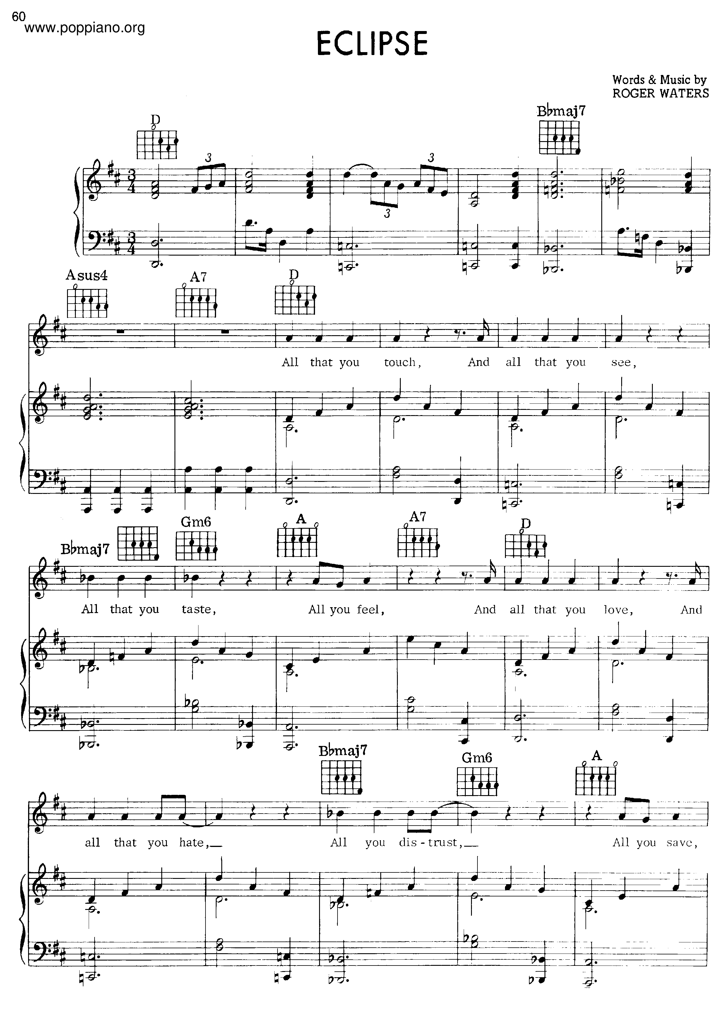 Pink Floyd Eclipse ピアノ譜pdf 香港ポップピアノ協会 無料pdf楽譜ダウンロード Gakufu