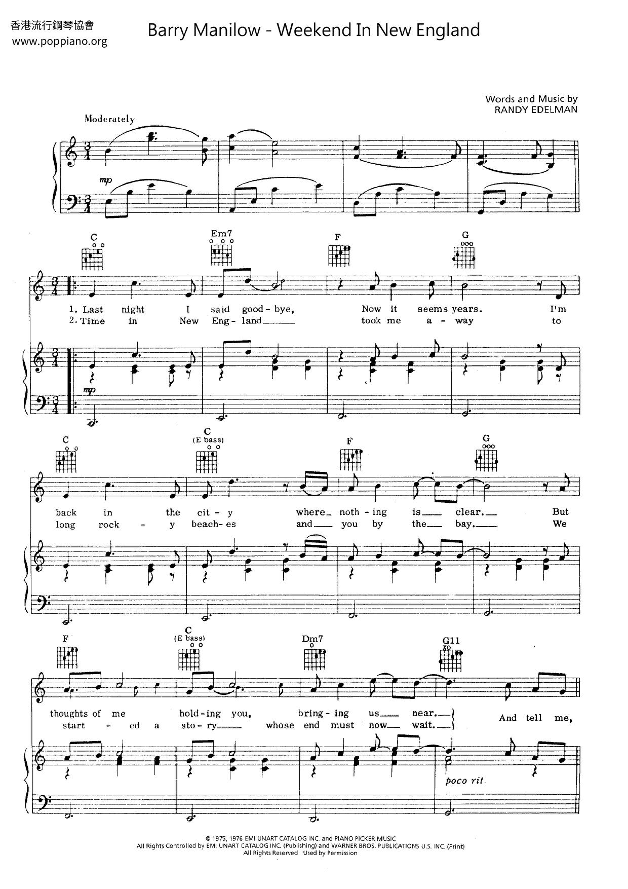 Barry Manilow-Weekend In New England Sheet Music pdf, - Free Score ...