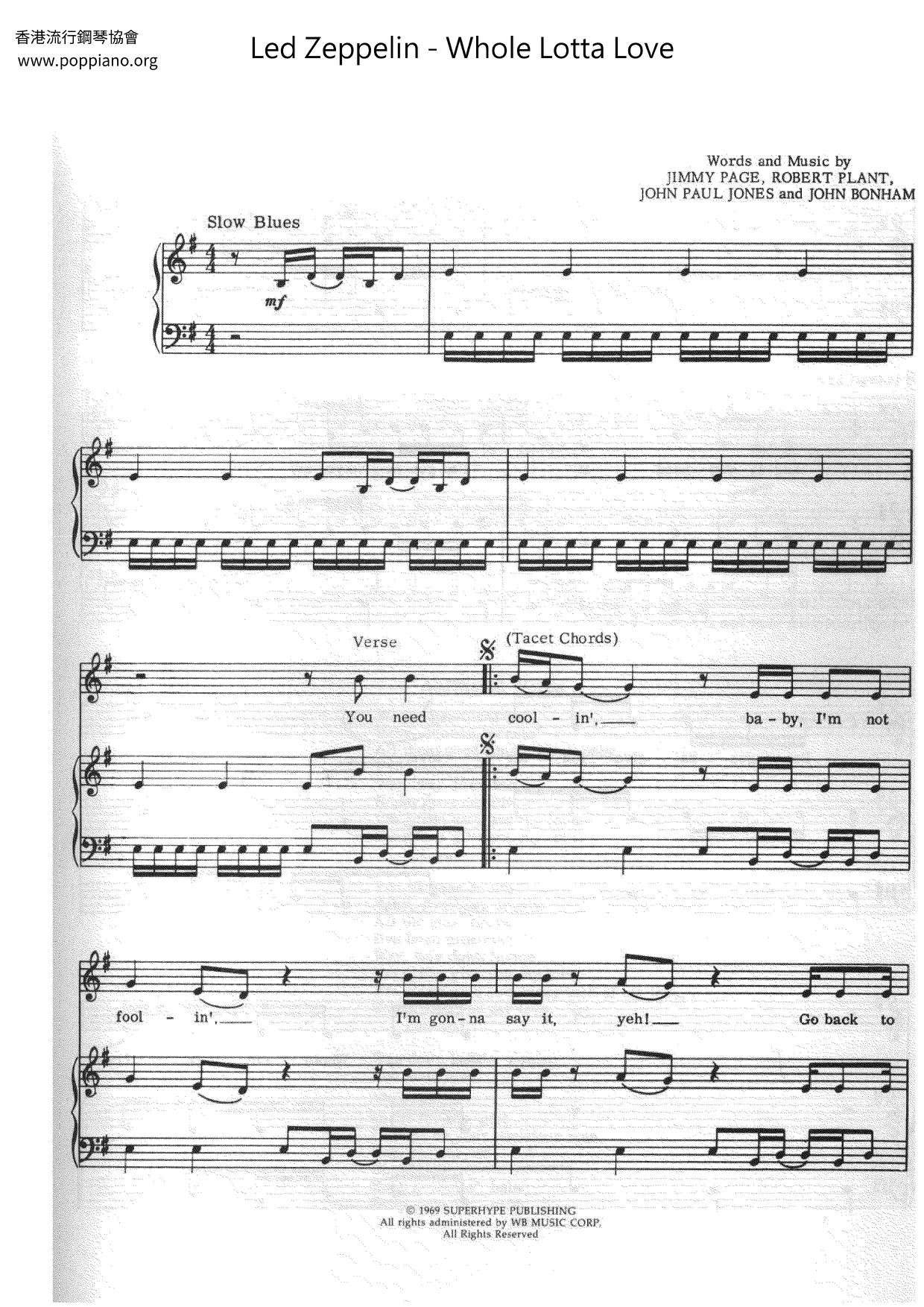 Led Zeppelin Whole Lotta Love Sheet Music Notes, Chords Download