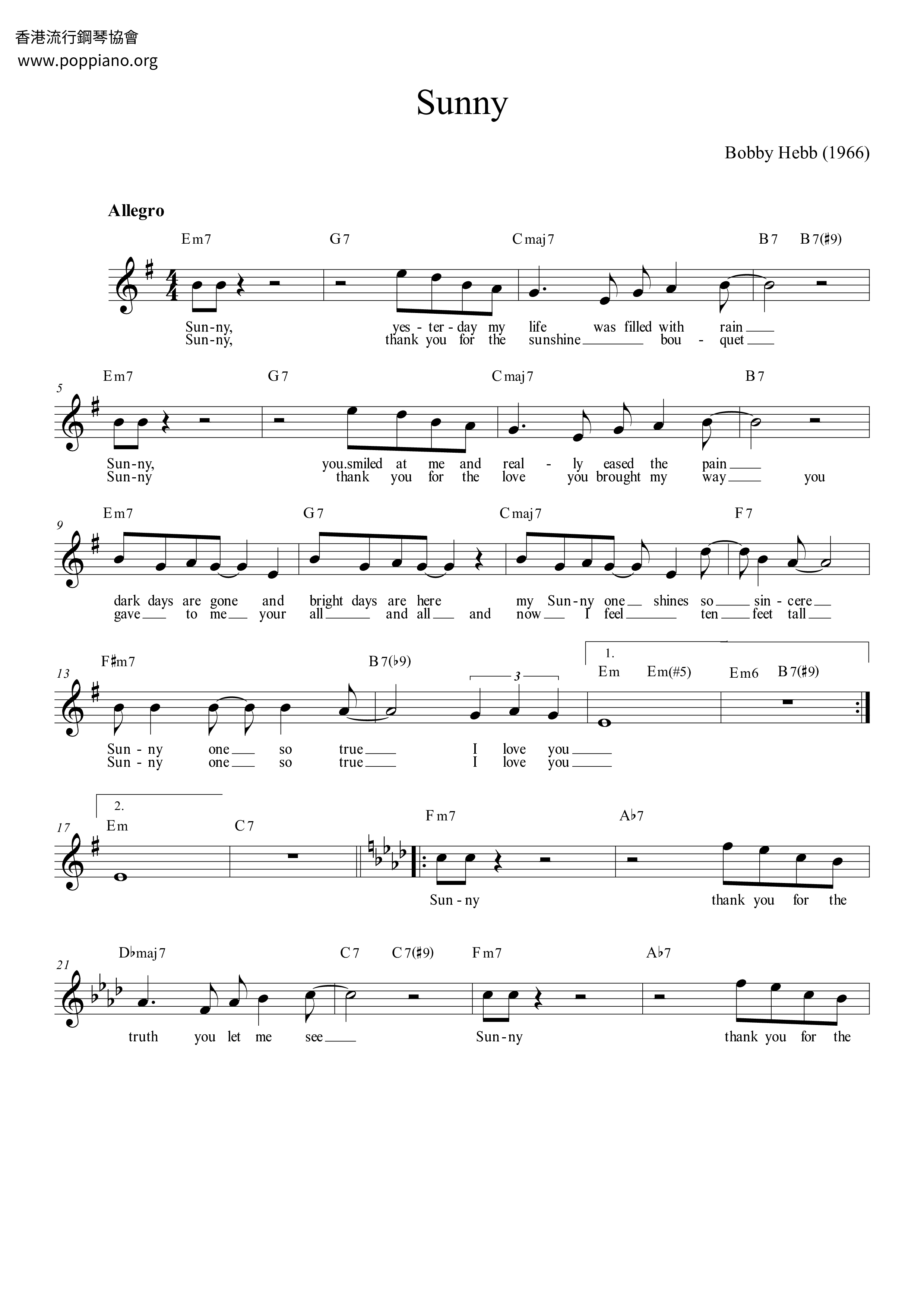 Bobby HebbSunny Sheet Music pdf, Free Score Download ???
