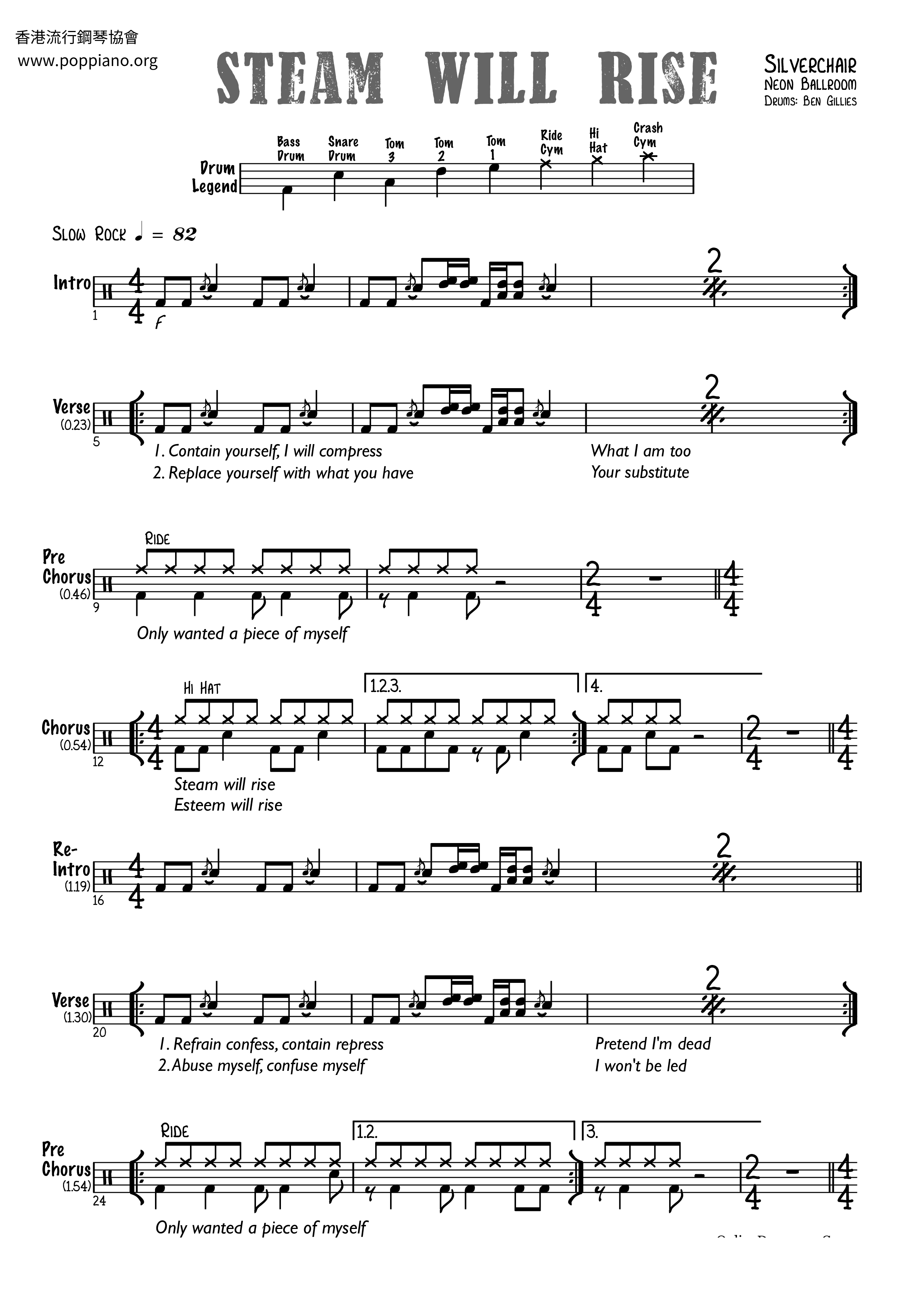 SilverchairSteam Will Rise 鼓譜pdf香港流行鋼琴協會琴譜下載 ★