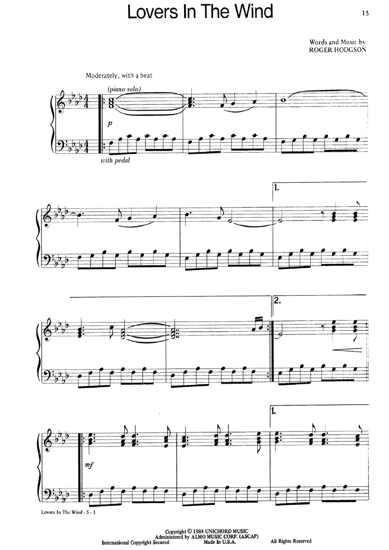 Roger HodgsonLovers In The Wind Sheet Music pdf, Free Score Download ★