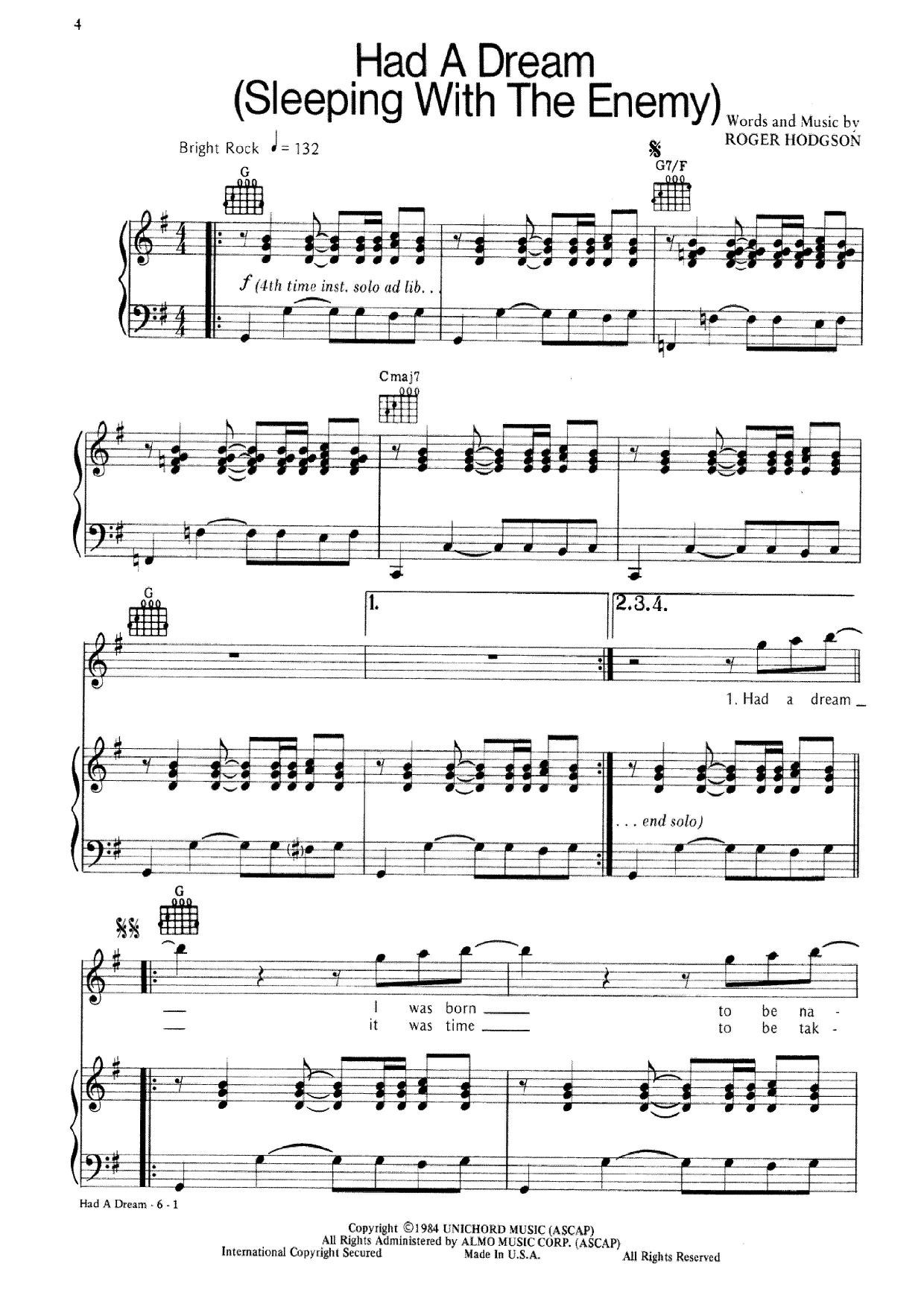 Roger Hodgson-Had A Dream (Sleeping With The Enemy) 琴譜pdf-香港流行鋼琴協會琴譜下載 ★