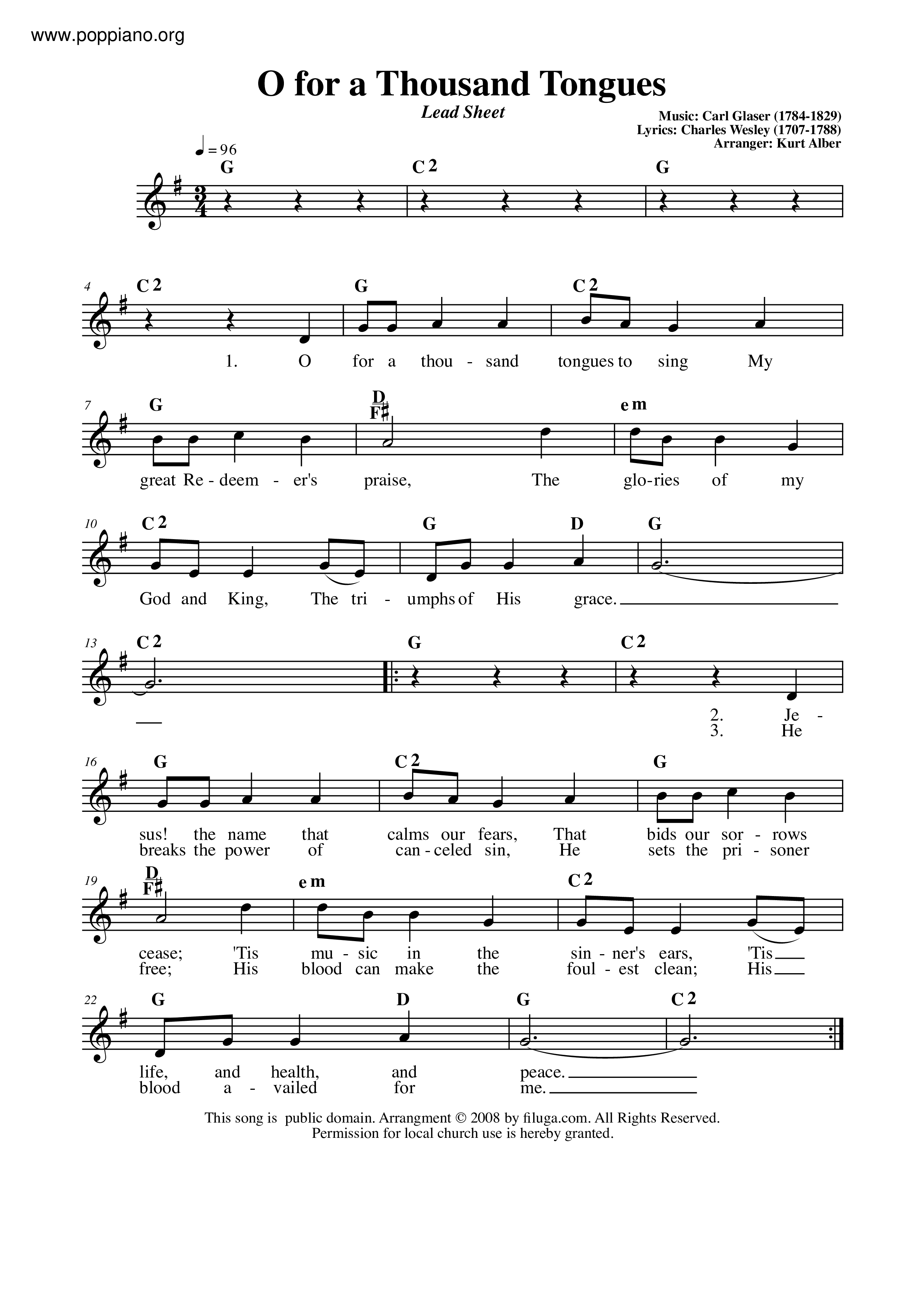 O For A Thousand Tongues To Sing琴譜