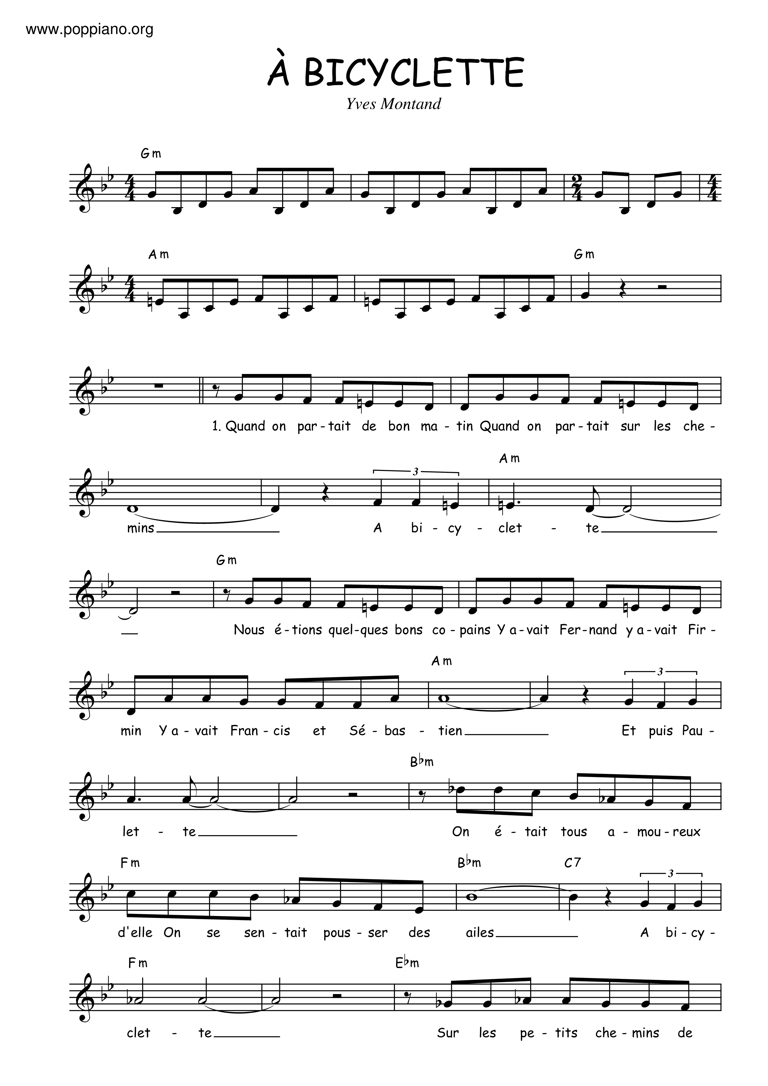 Yves MontandA Bicyclette Sheet Music pdf, Free Score Download ★