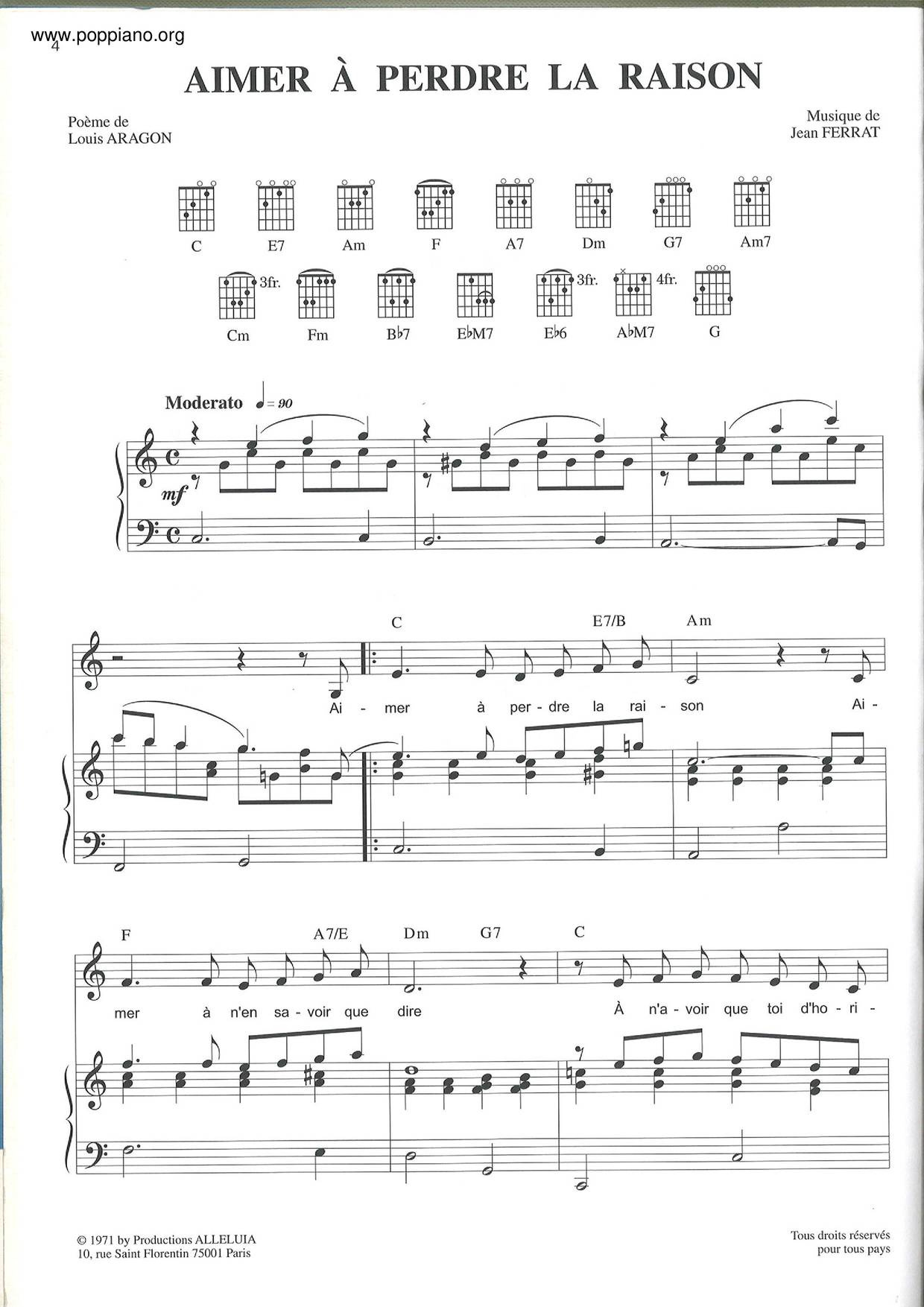 Aimer À Perdre La Raison琴譜