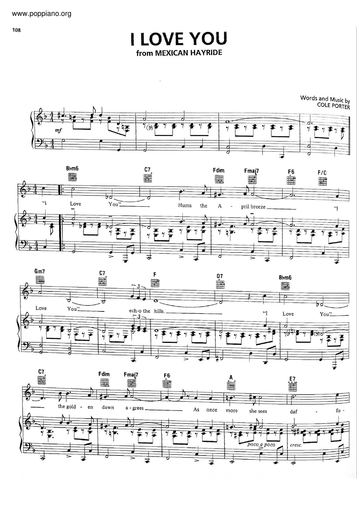 I Love You - Sheet Music / Piano Score Free PDF Download - HK Pop Piano ...