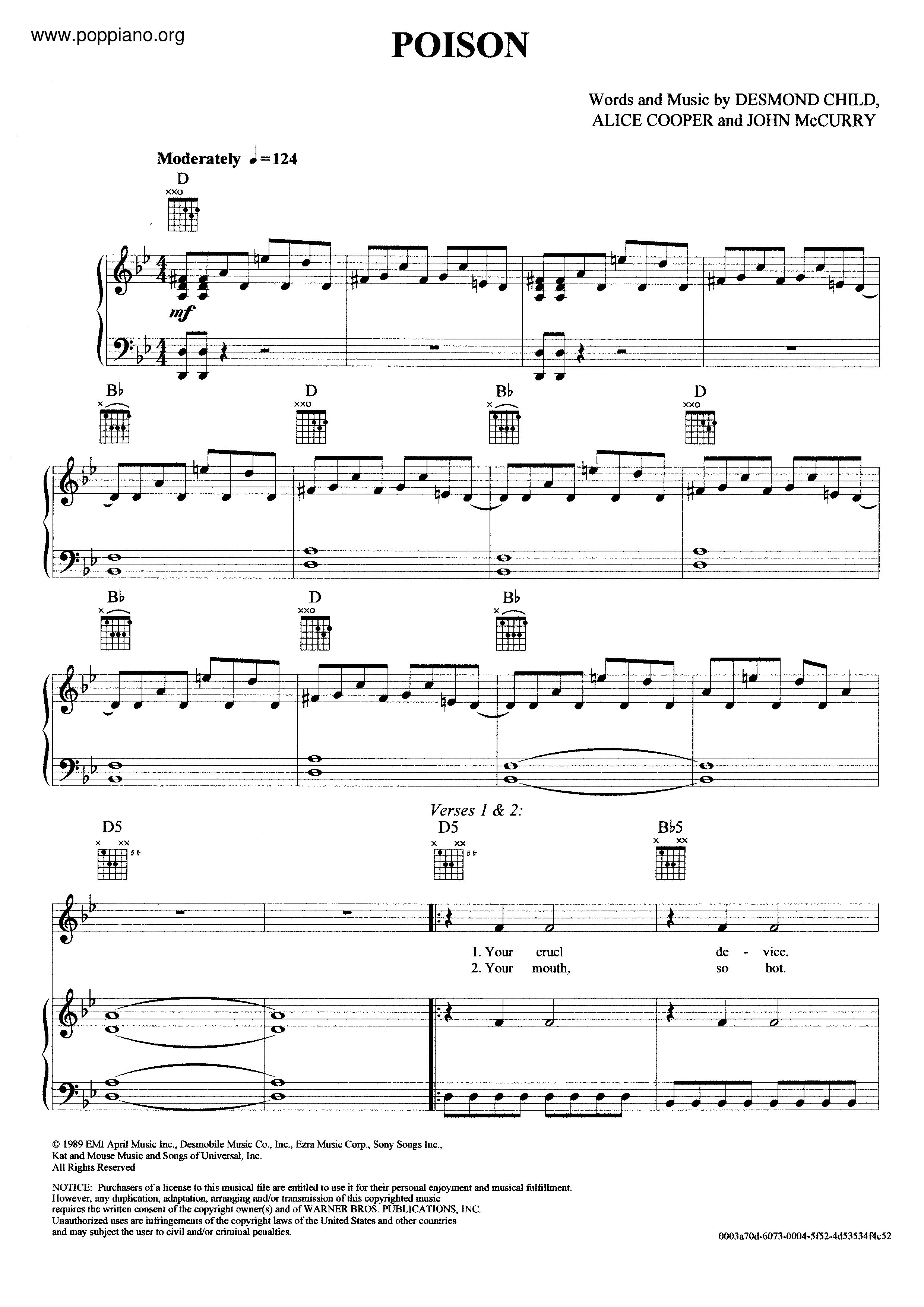 Alice Cooper Poison Sheet Music Pdf Free Score Download 