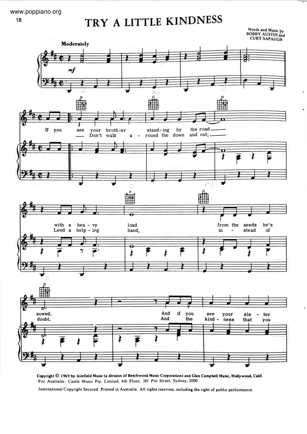 Glen campbell try a little kindness sheet music pdf free score