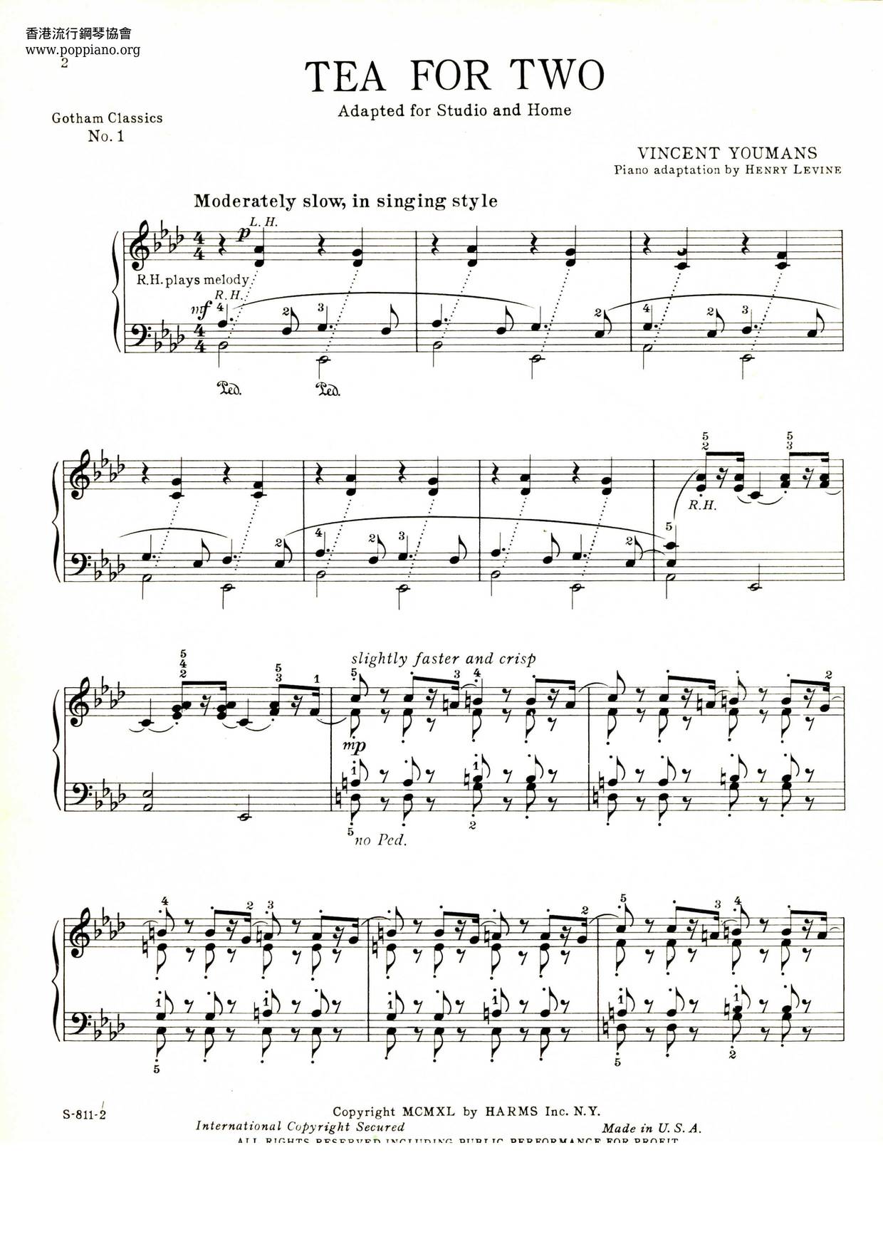 Tea For Two Sheet Music / Piano Score Free PDF Download HK Pop Piano Academy ★