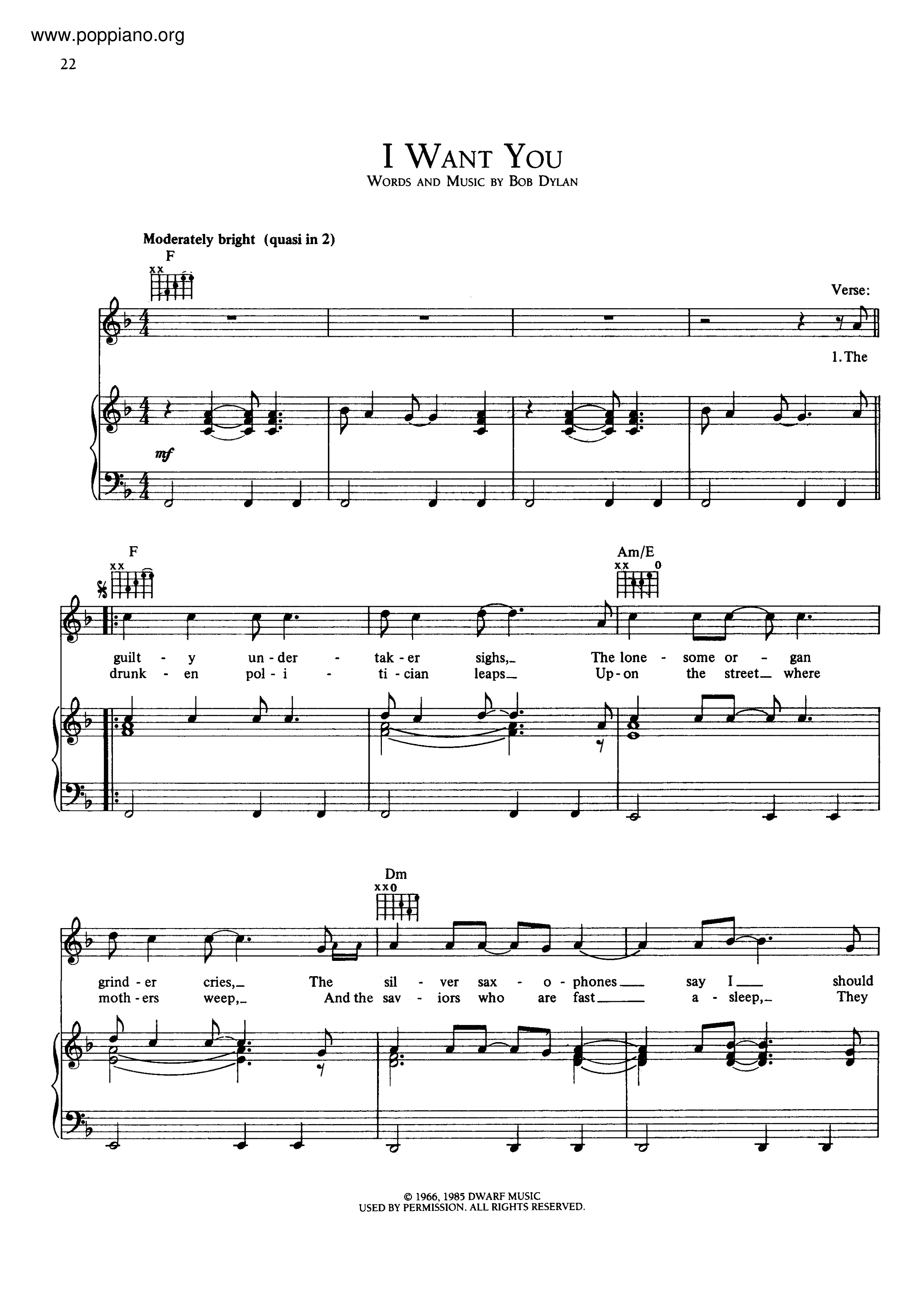 Bob DylanI Want You Sheet Music pdf, Free Score Download ★