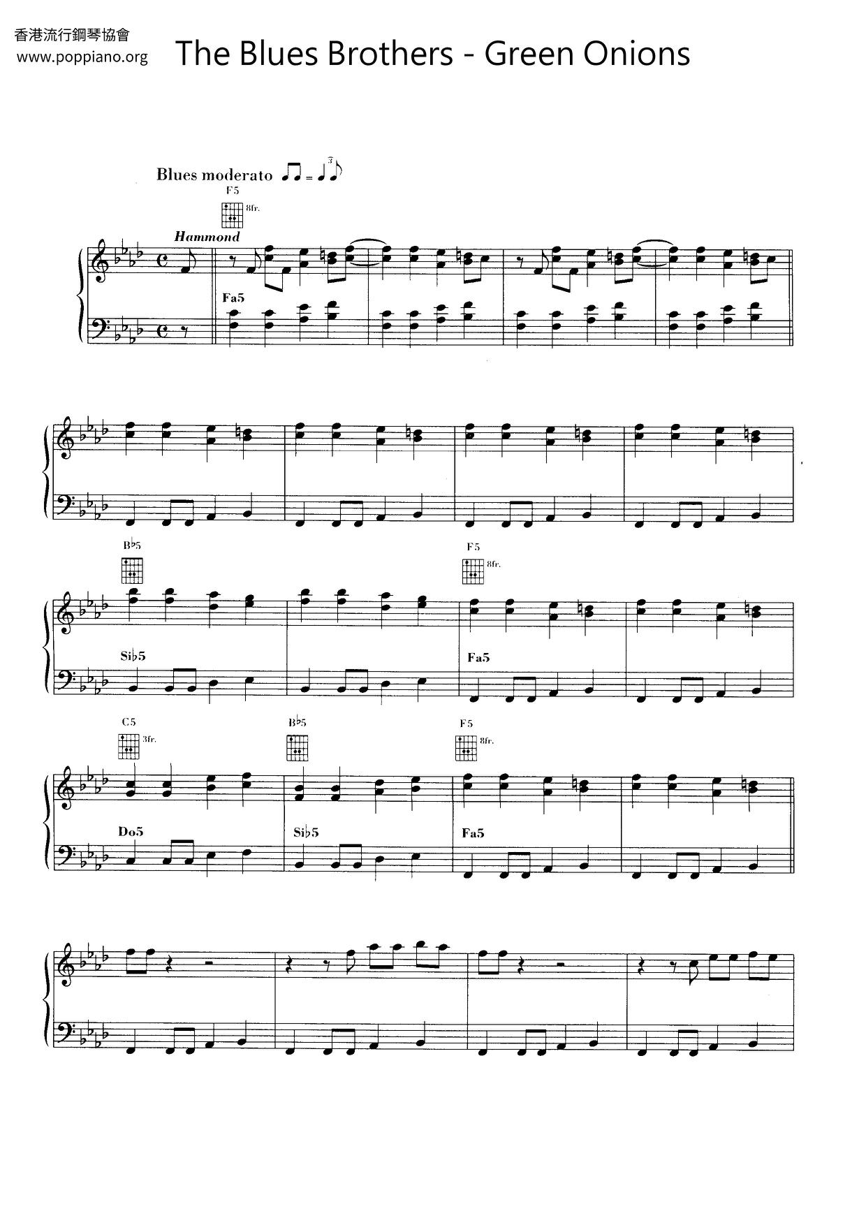 ★The Blues Brothers Green Onions ピアノ譜pdf 香港ポップピアノ協会 無料PDF楽譜ダウンロード