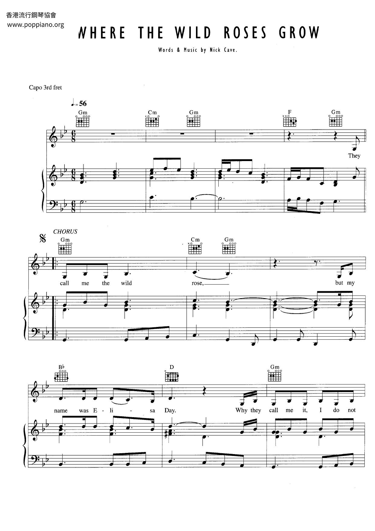 Where The Wild Roses Grow Sheet Music Piano Score Free PDF Download