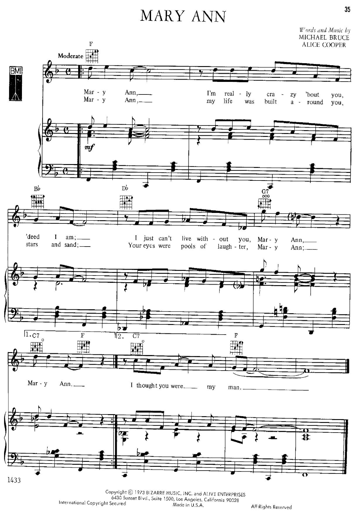 Alice CooperMary Ann Sheet Music pdf, Free Score Download ★