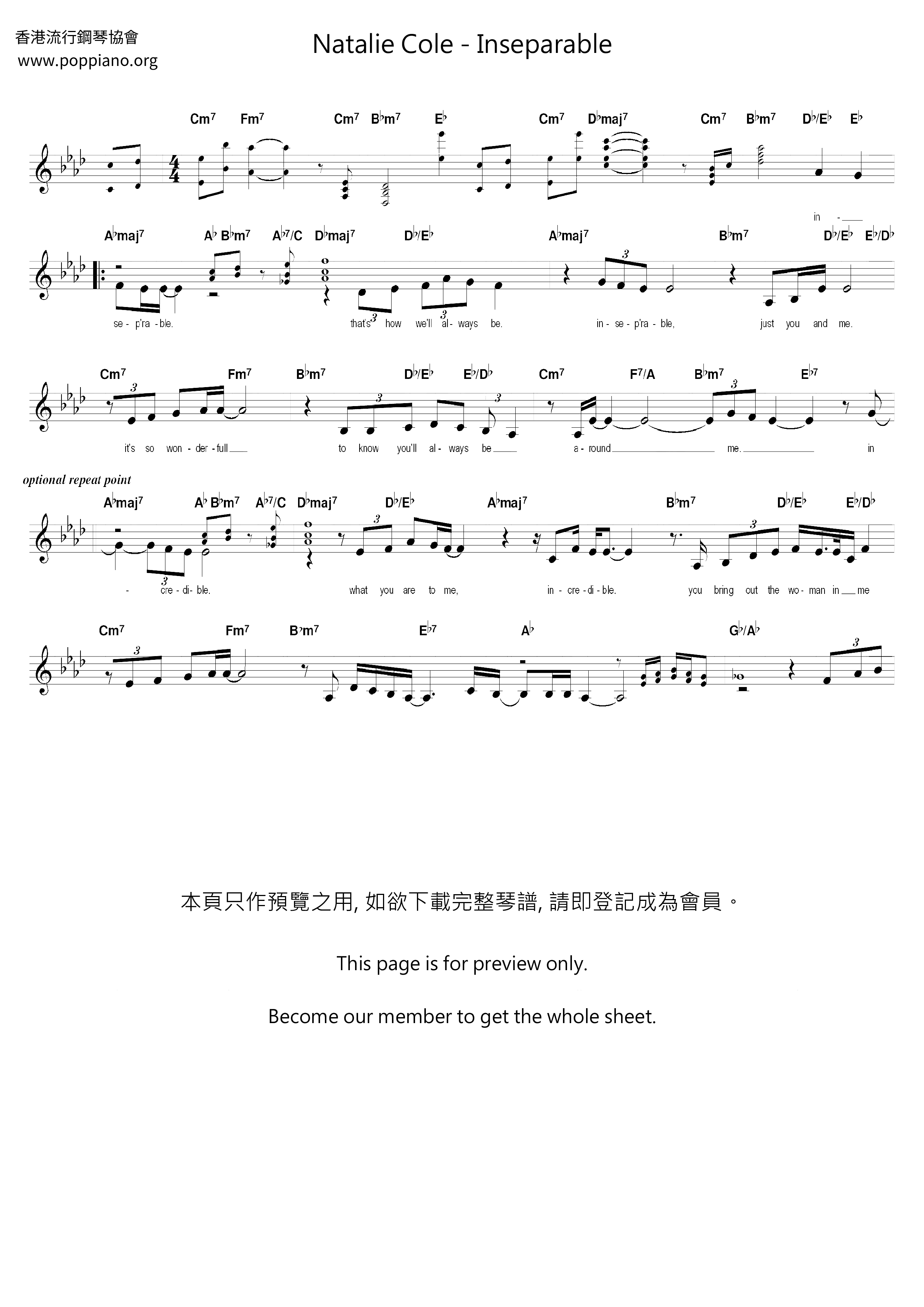 Natalie ColeInseparable Sheet Music pdf, Free Score Download ★