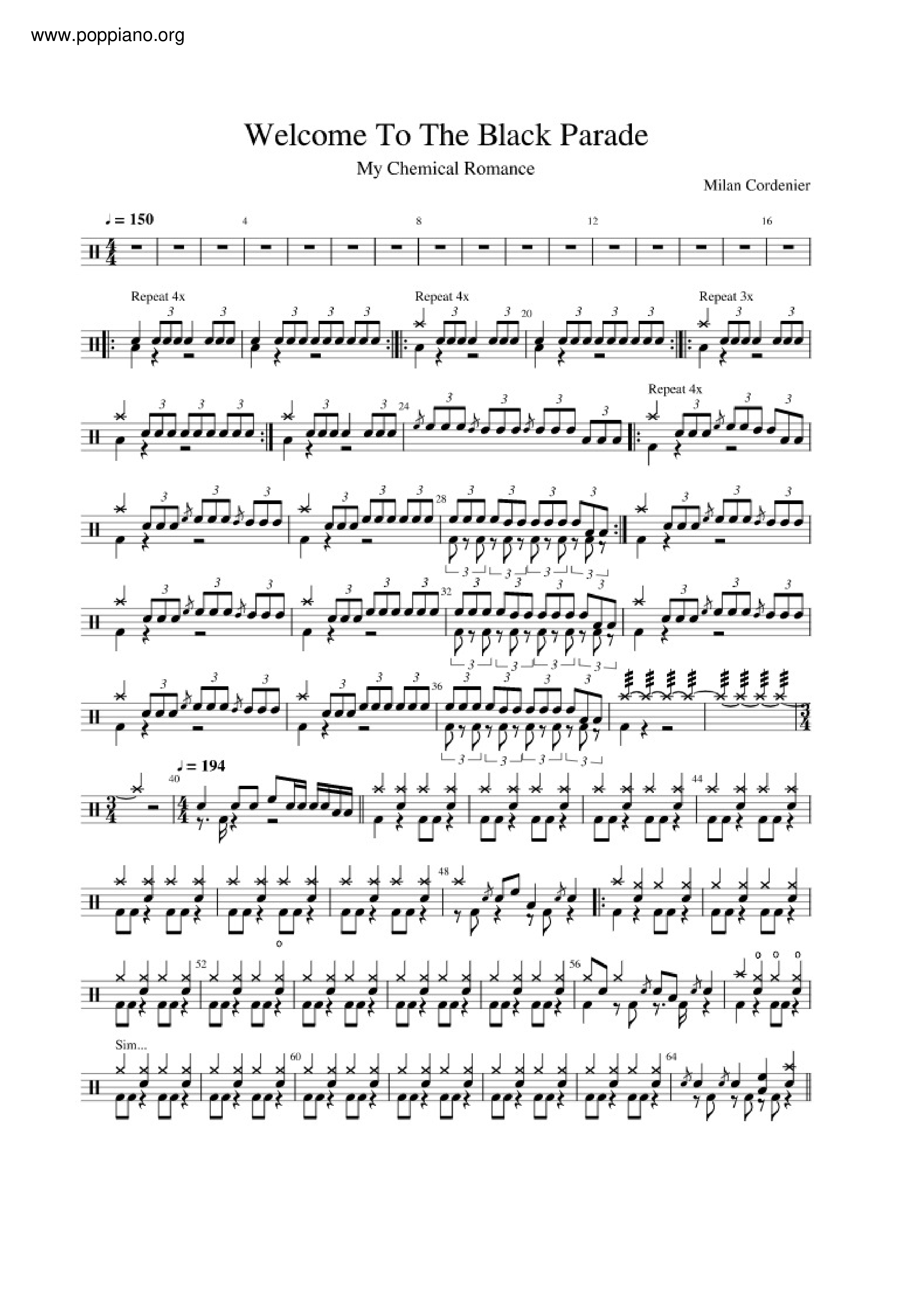 My Chemical To The Black Parade Drum Tab pdf, Free Score Download ★