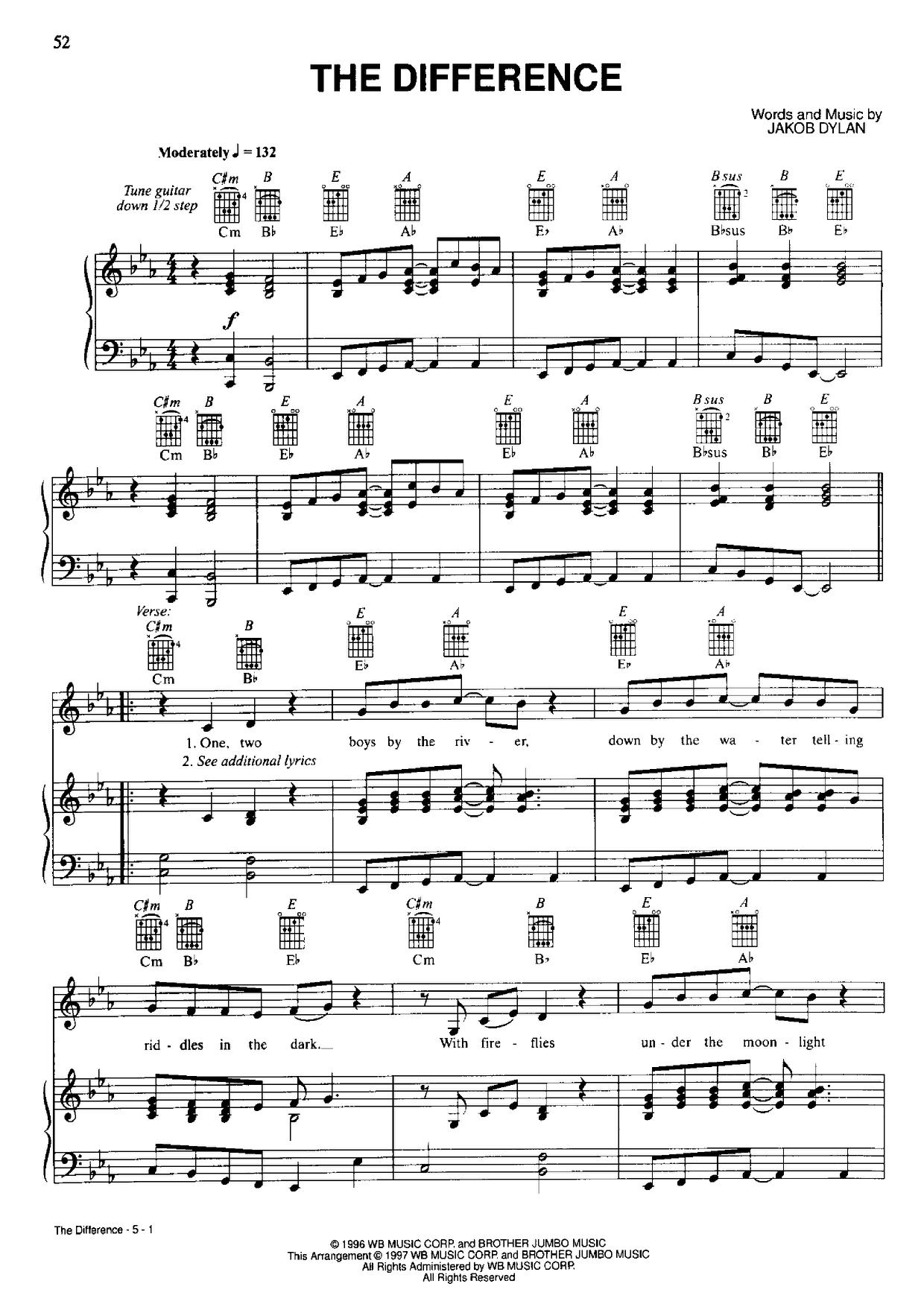 The WallflowersThe Difference 琴谱/五线谱pdf香港流行钢琴协会琴谱下载 ★